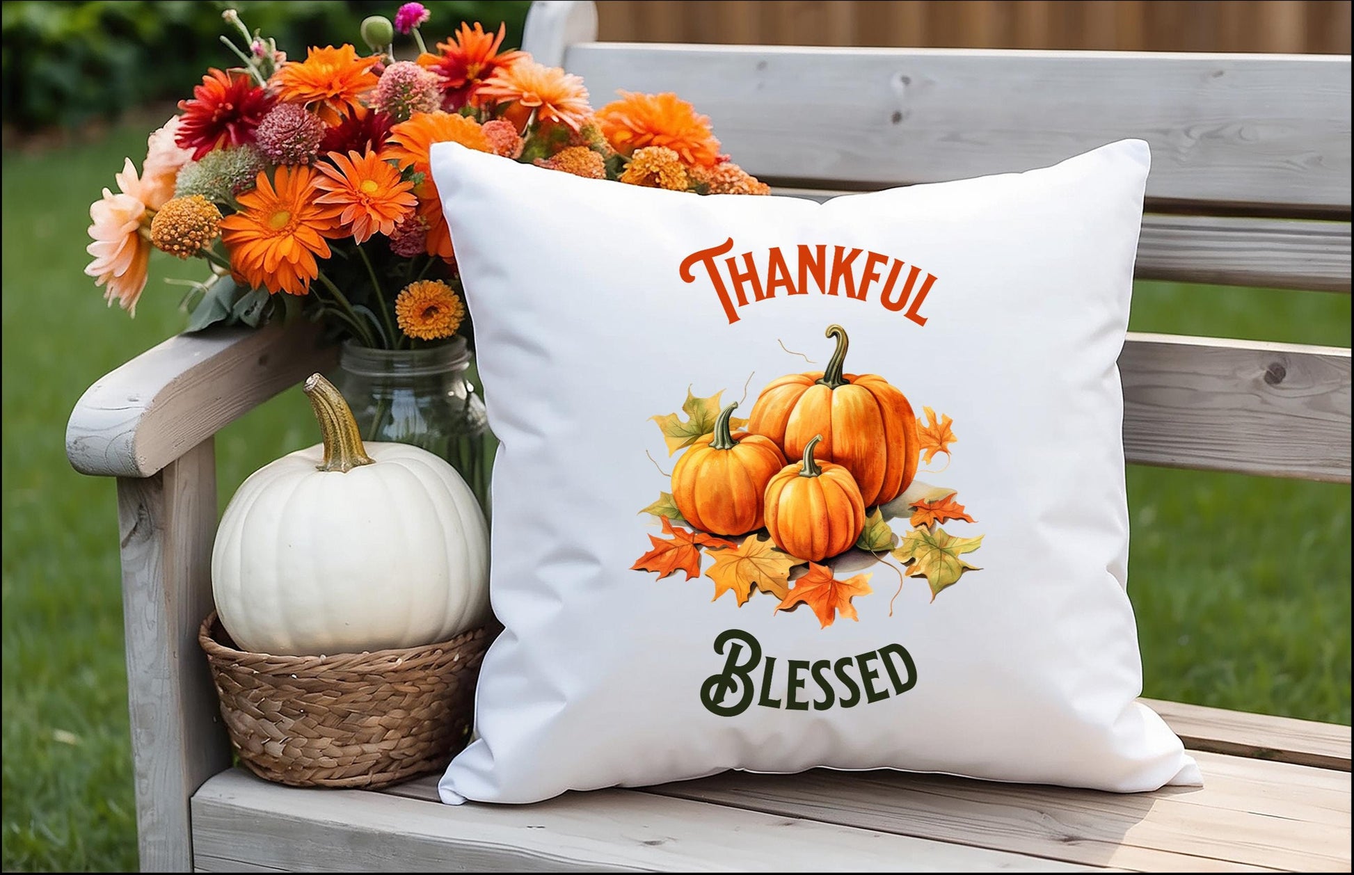 Fall Pumpkin Decorative Pillow, Autumn Leaves Thankful Blessed Home Decor, Spun Polyester Square Pillow, Seasonal Throw Cushion, Harvest