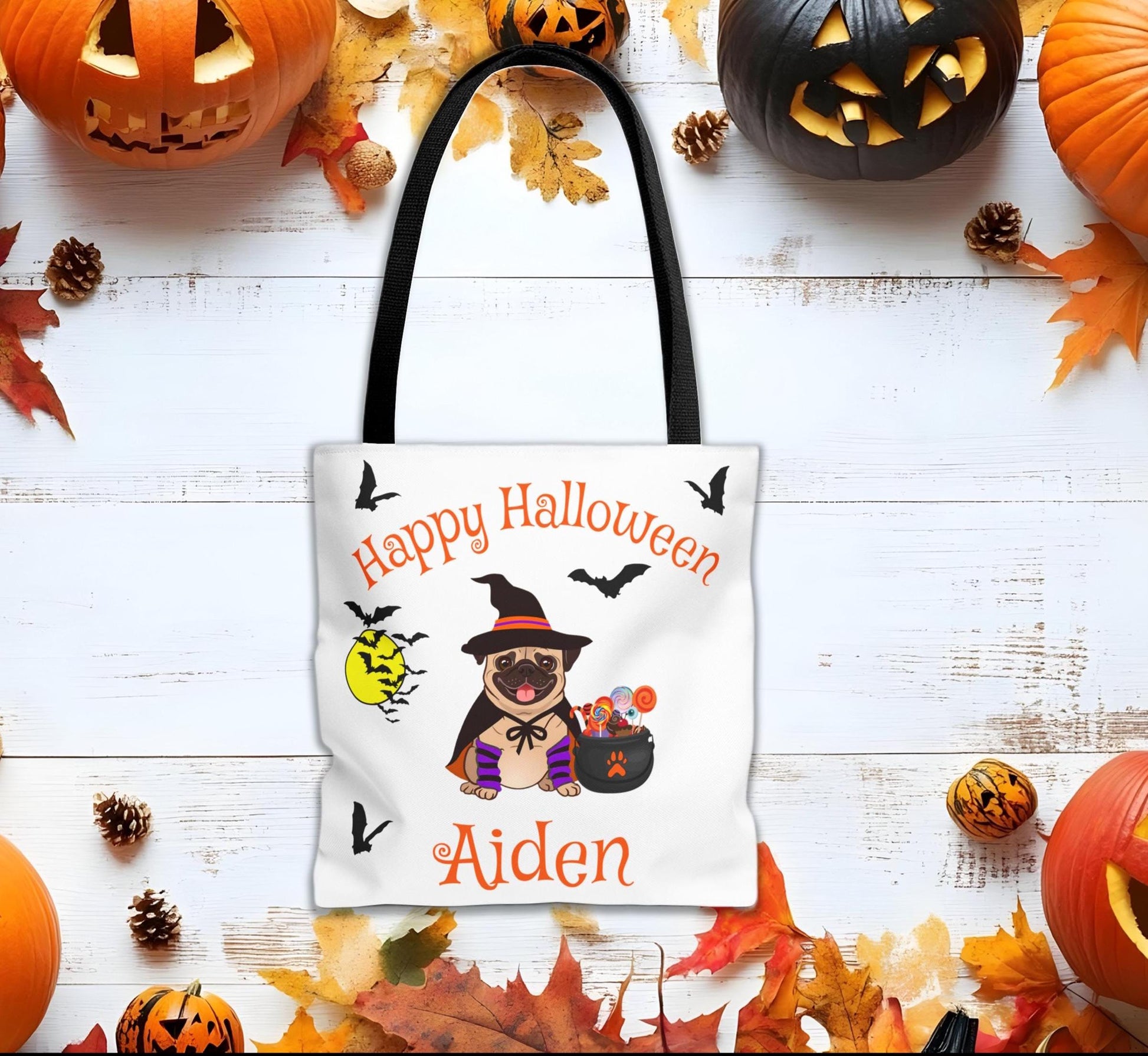 Pug Halloween Tote Bag, Trick or Treat Bag, Candy Bowl Bag, Spooky Pug Tote, Halloween Costume Tote, Halloween Candy Bag