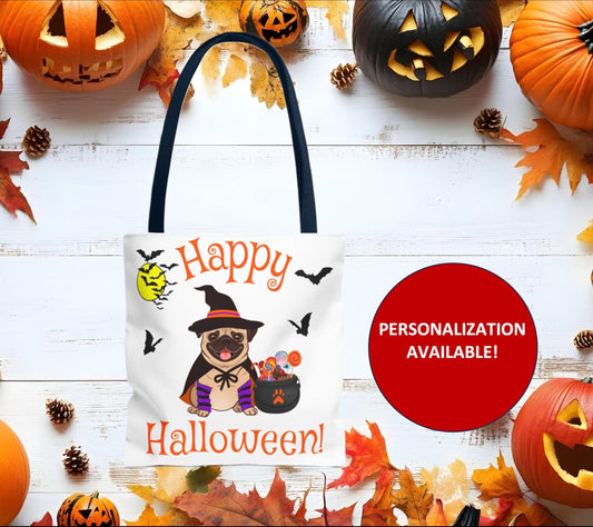 Pug Halloween Tote Bag, Trick or Treat Bag, Candy Bowl Bag, Spooky Pug Tote, Halloween Costume Tote, Halloween Candy Bag