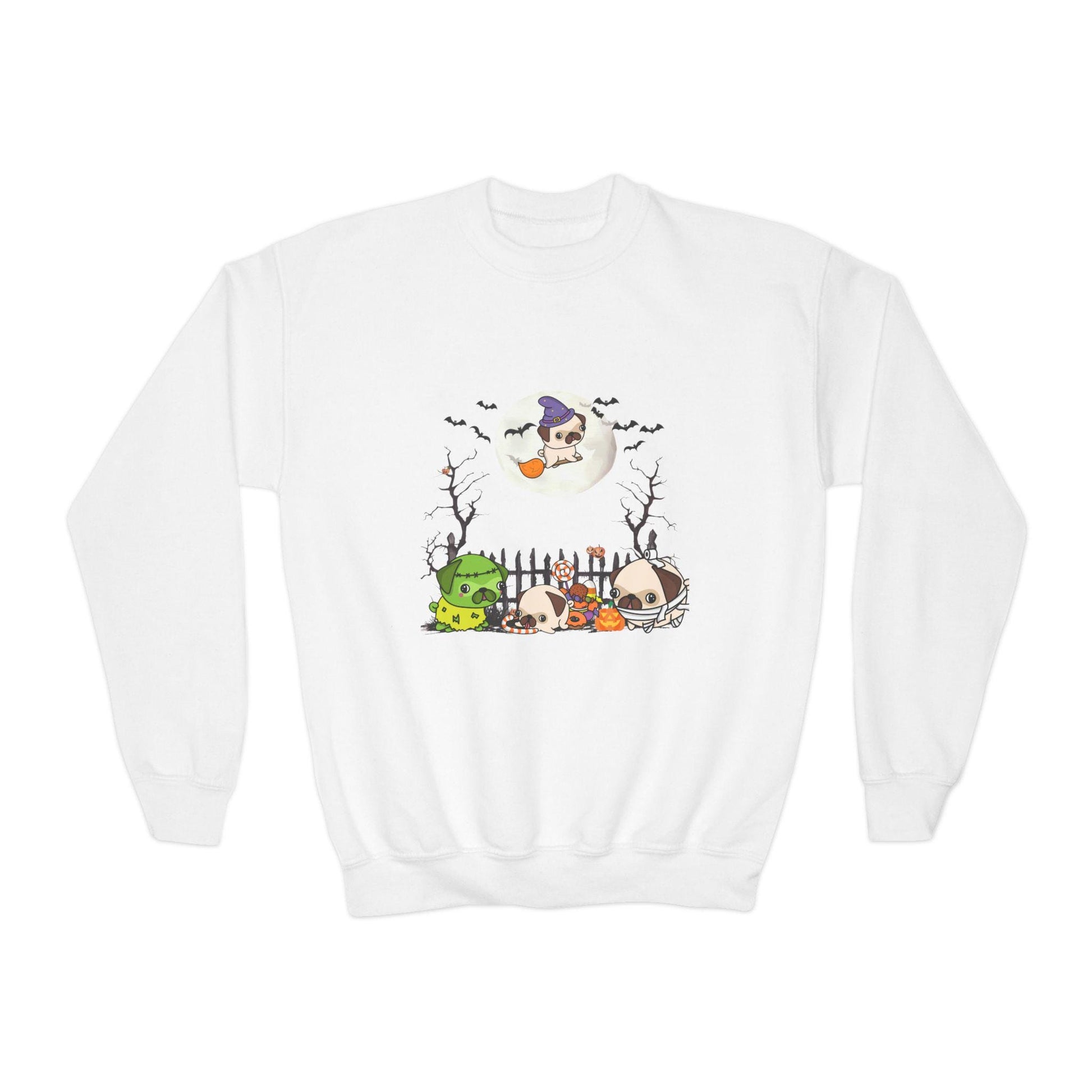Youth Pug Halloween Sweatshirt, Unisex Crewneck Jumper, Dog Lover Gift, Halloween Costume Shirt, Cozy Fall Sweater