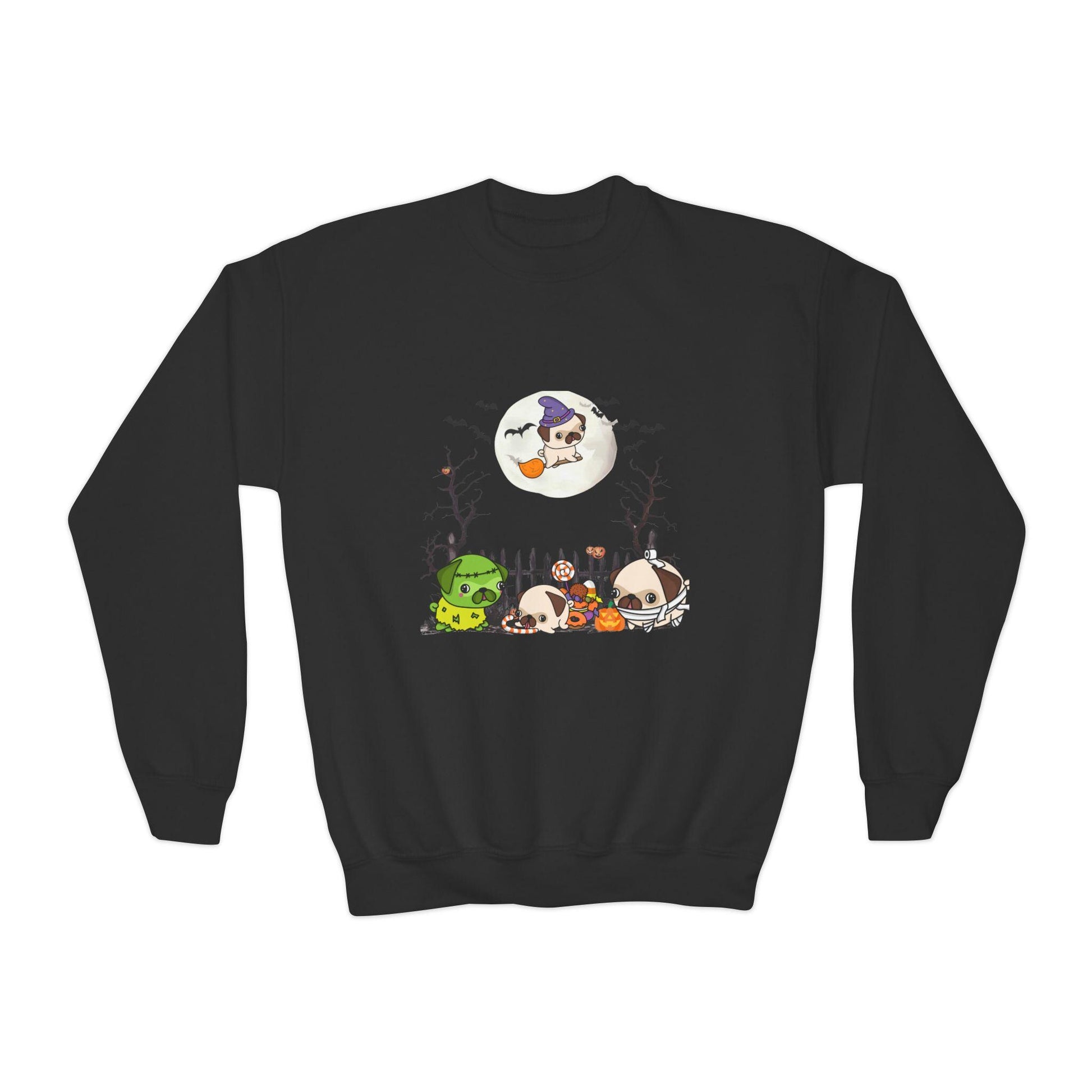 Youth Pug Halloween Sweatshirt, Unisex Crewneck Jumper, Dog Lover Gift, Halloween Costume Shirt, Cozy Fall Sweater