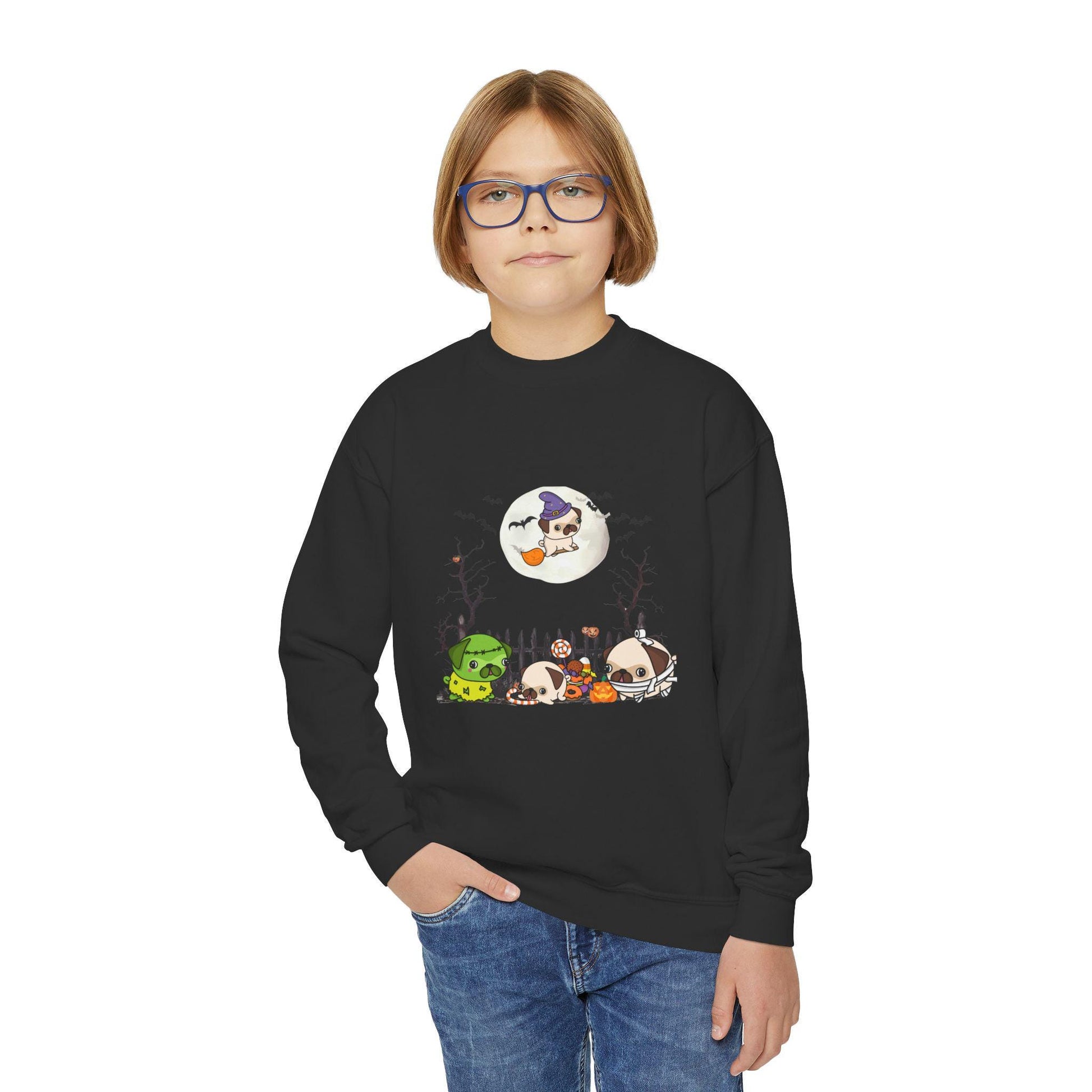 Youth Pug Halloween Sweatshirt, Unisex Crewneck Jumper, Dog Lover Gift, Halloween Costume Shirt, Cozy Fall Sweater