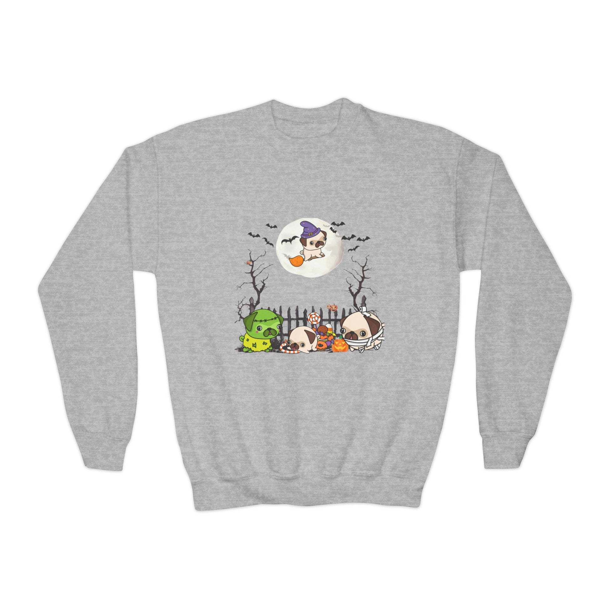 Youth Pug Halloween Sweatshirt, Unisex Crewneck Jumper, Dog Lover Gift, Halloween Costume Shirt, Cozy Fall Sweater