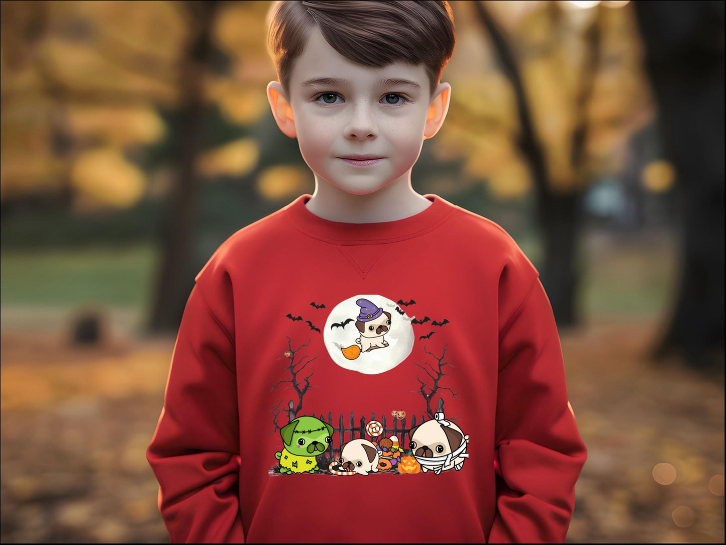 Youth Pug Halloween Sweatshirt, Unisex Crewneck Jumper, Dog Lover Gift, Halloween Costume Shirt, Cozy Fall Sweater