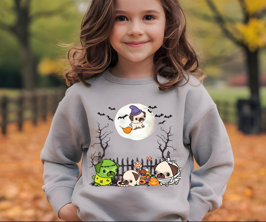 Youth Pug Halloween Sweatshirt, Unisex Crewneck Jumper, Dog Lover Gift, Halloween Costume Shirt, Cozy Fall Sweater
