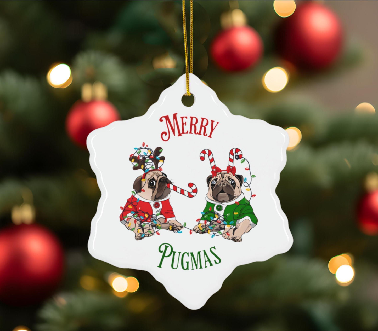 Merry Pugmas Ceramic Christmas Ornament