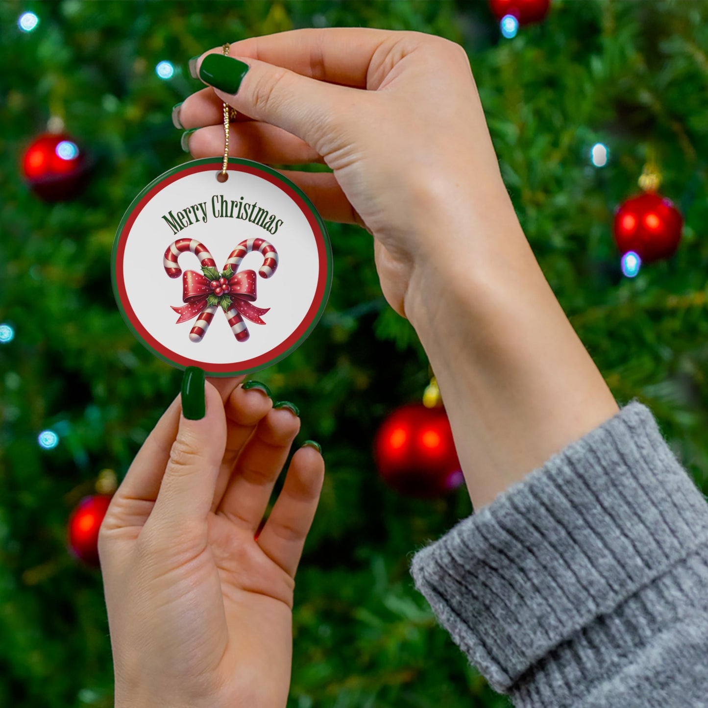 Ceramic Christmas Ornament - Candy Cane and Coquette Bow