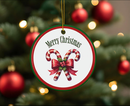 Ceramic Christmas Ornament - Candy Cane and Coquette Bow