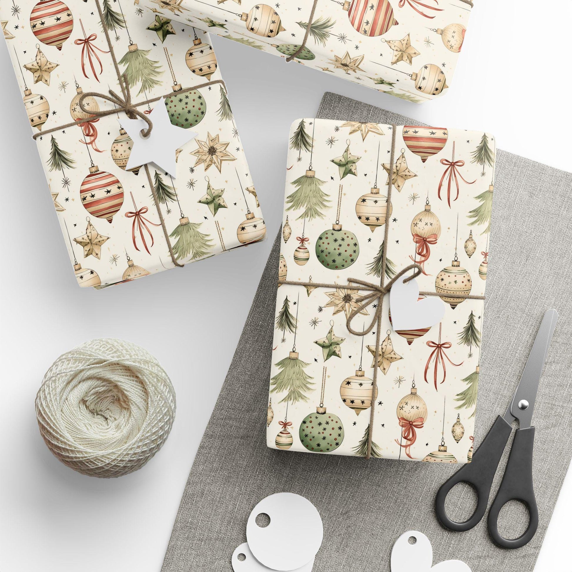 Wrapping Papers, Vintage Christmas Ornaments Gift Wrap, Holiday Wrapping Paper Roll, Festive Gift Wrap, Retro Gift Packaging, Christmas