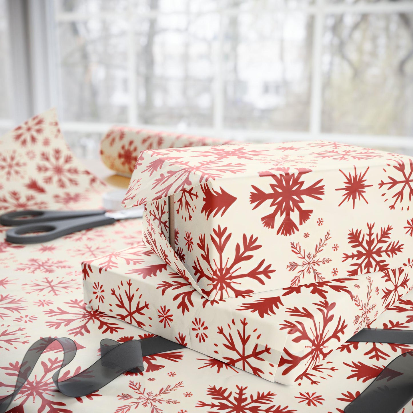 Christmas Wrapping Papers, Festive Red Snowflake Design, Holiday Gift Wrap, Vibrant Xmas Packaging, Winter Party Supplies