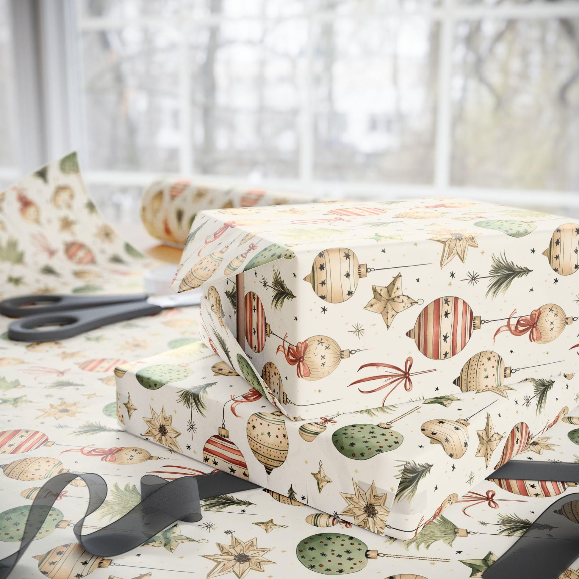 Wrapping Papers, Vintage Christmas Ornaments Gift Wrap, Holiday Wrapping Paper Roll, Festive Gift Wrap, Retro Gift Packaging, Christmas