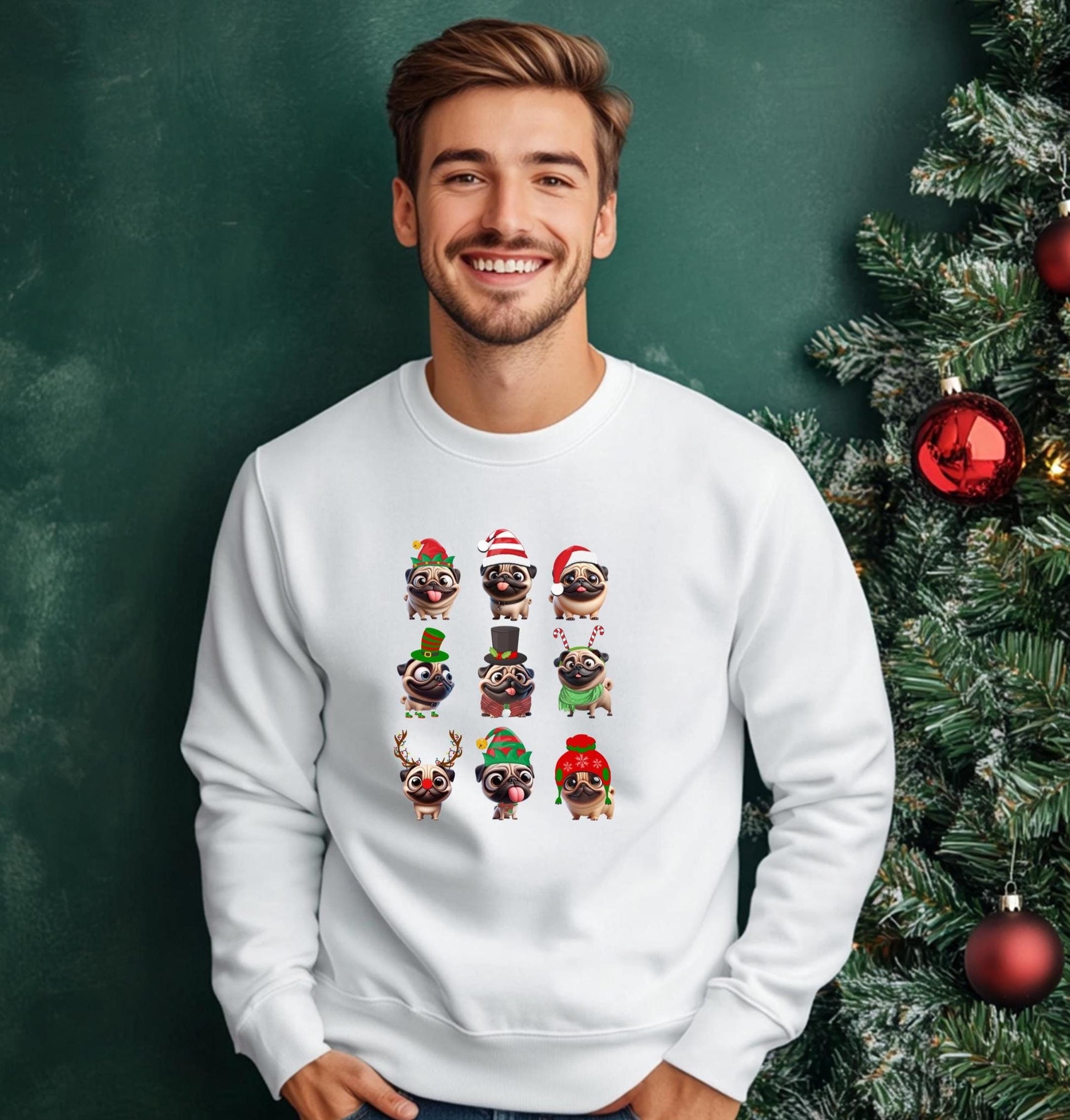 Pug Christmas Sweatshirt, Funny Festive Unisex Crewneck - Holiday Gift, Dog Lover, Winter Apparel, Cute Animal Jumper, Christmas Party
