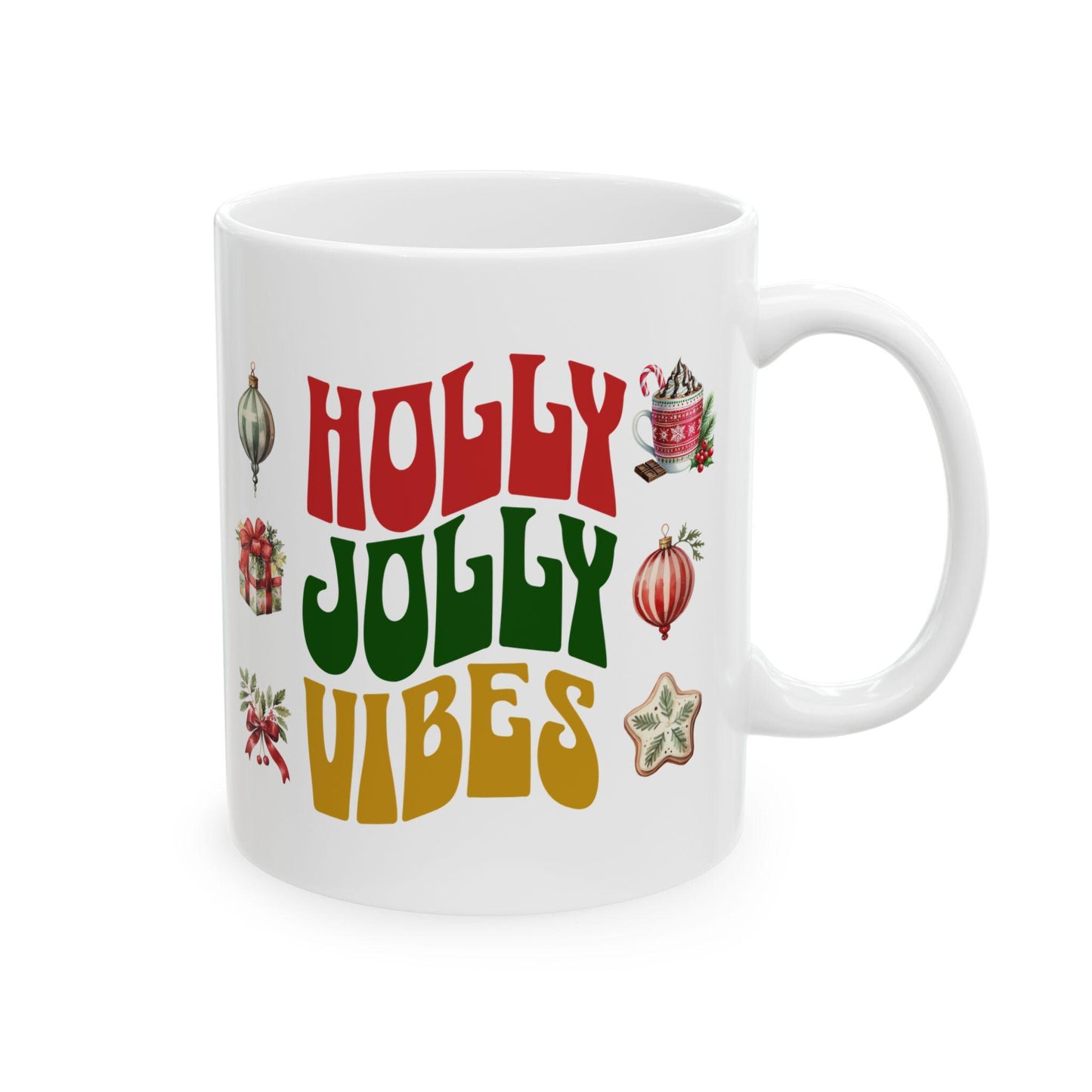 Christmas Ceramic Mug, Holly Jolly Vibes, Retro Style Coffee Cup, Vintage Holiday Decor, 11oz 15oz Mug Gift, Festive Kitchen Decor