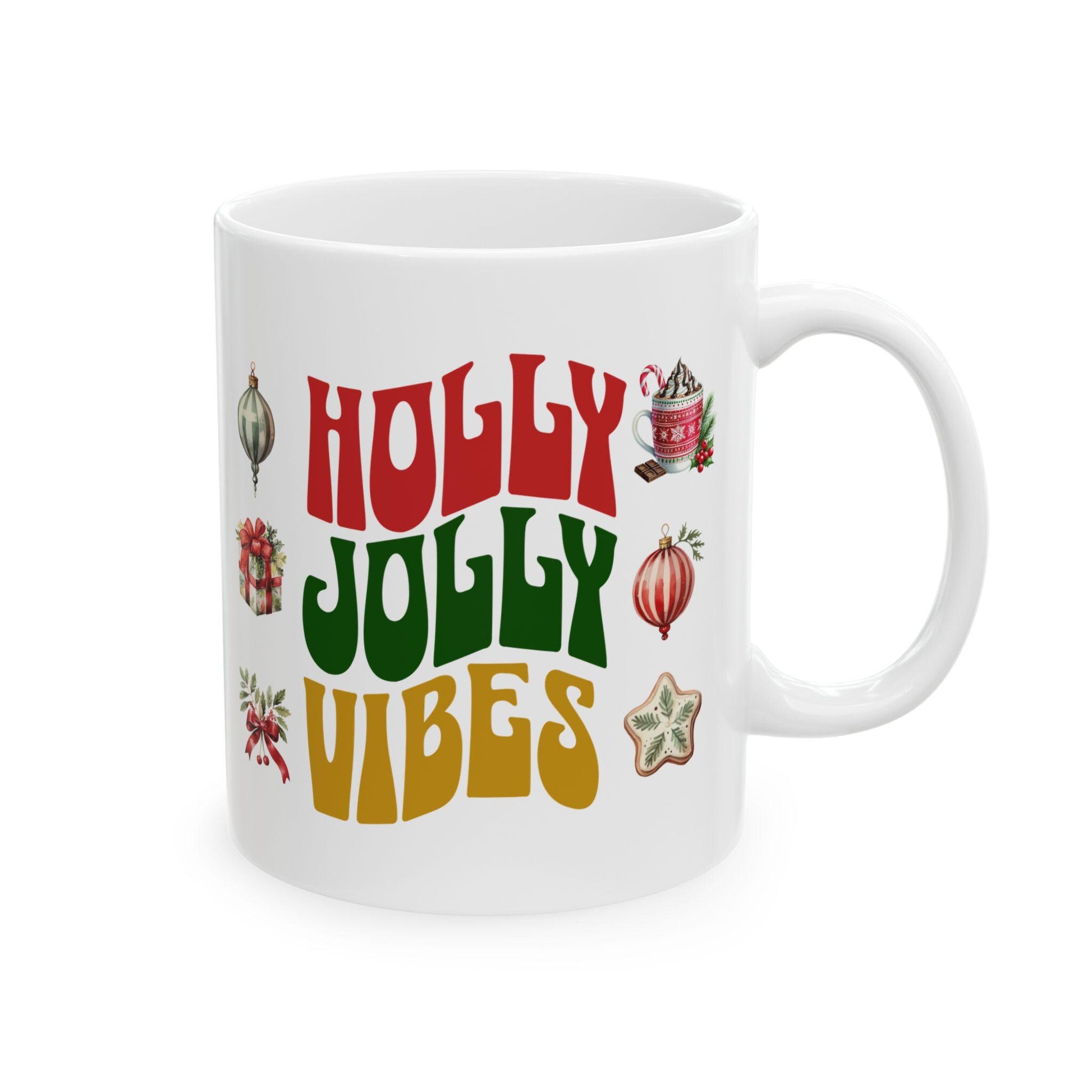 Christmas Ceramic Mug, Holly Jolly Vibes, Retro Style Coffee Cup, Vintage Holiday Decor, 11oz 15oz Mug Gift, Festive Kitchen Decor