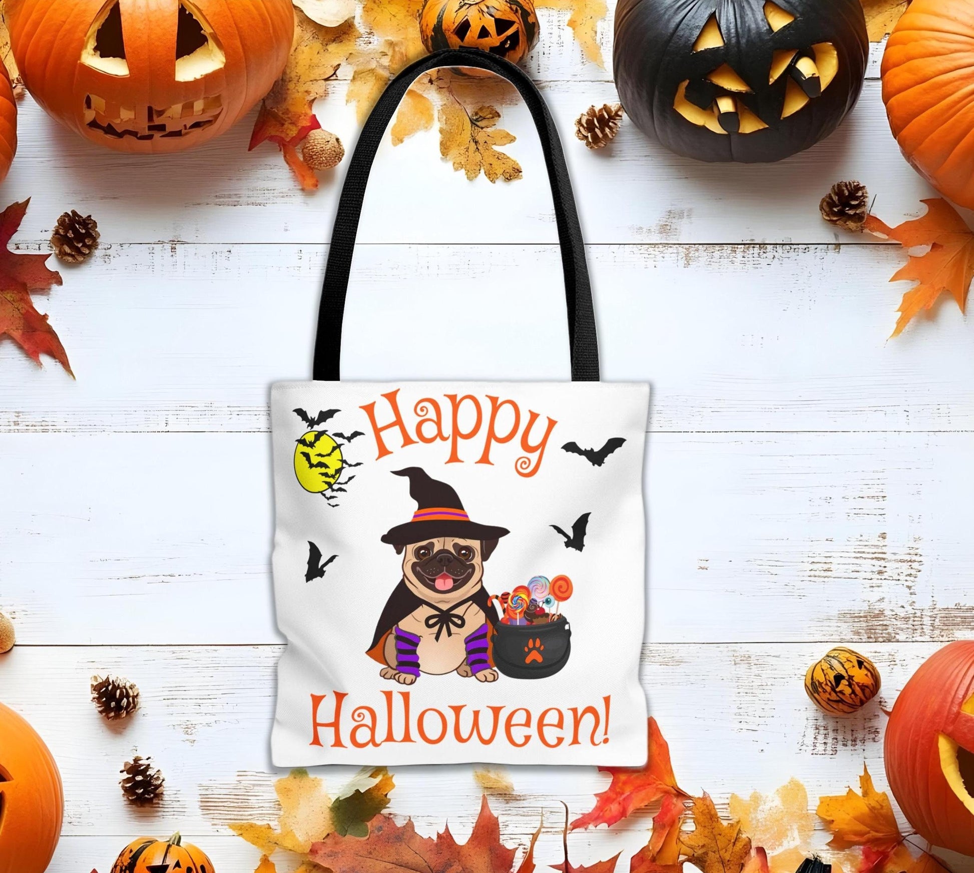 Pug Halloween Tote Bag, Trick or Treat Bag, Candy Bowl Bag, Spooky Pug Tote, Halloween Costume Tote, Halloween Candy Bag