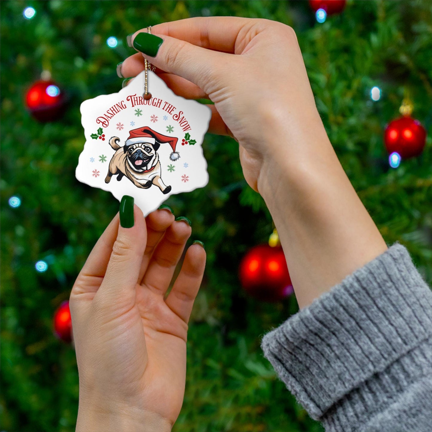 Ceramic Pug Christmas Ornament - "Dashing Through the Snow"