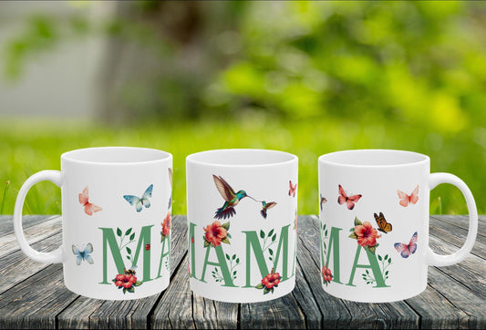 Botanical 'Mama' Ceramic Mug - Mother's Day Gift, Birthday Present, Christmas Mug, Nature Lover Cup, Hummingbird and Butterflies