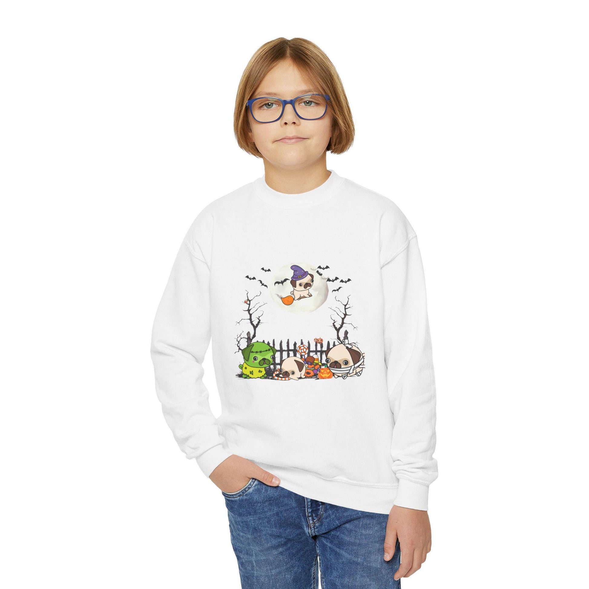 Youth Pug Halloween Sweatshirt, Unisex Crewneck Jumper, Dog Lover Gift, Halloween Costume Shirt, Cozy Fall Sweater