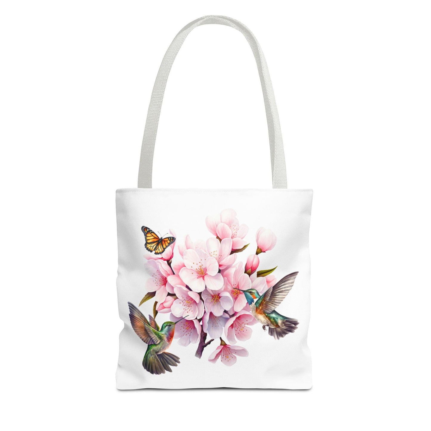 Cherry Blossom Tote Bag - Watercolor Floral Design, Hummingbird and Butterfly Print - Gift for Birthdays, Mother's Day, Christmas -
