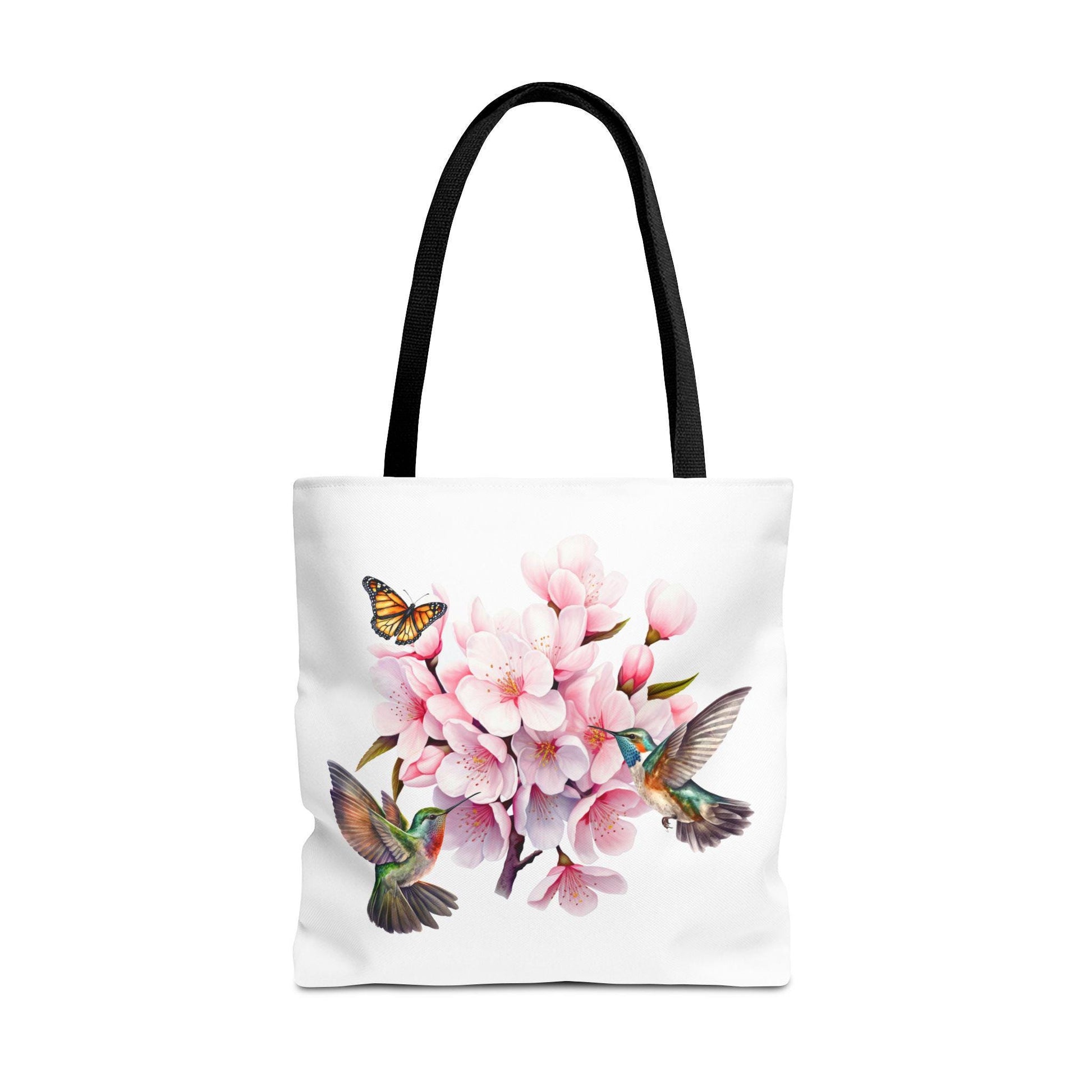 Cherry Blossom Tote Bag - Watercolor Floral Design, Hummingbird and Butterfly Print - Gift for Birthdays, Mother's Day, Christmas -