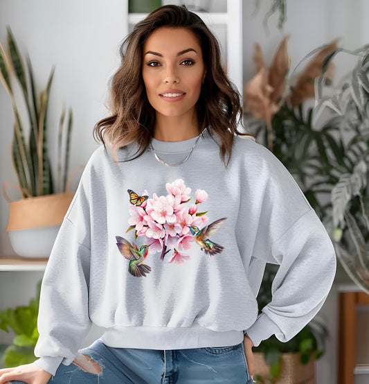 Cherry Blossom, Hummingbird, and Butterfly Watercolor Sweatshirt