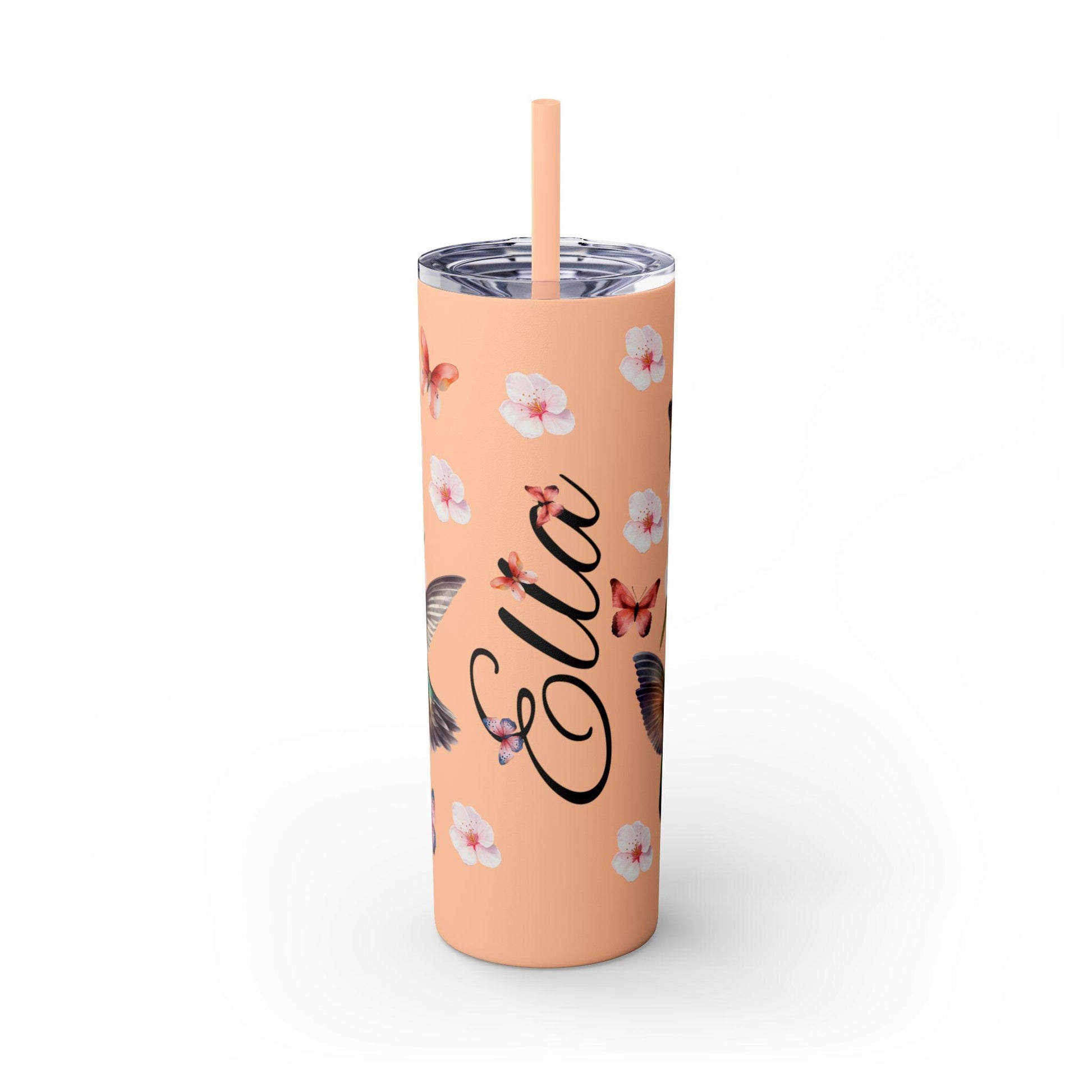 Cherry Blossom Tumbler, Personalized Cup with Straw, 20oz - Floral Design, Hummingbirds & Butterflies - Custom Name Gift - Spring Mug,