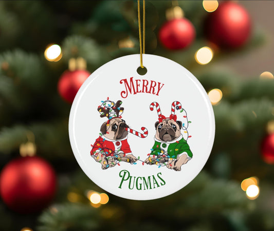 Merry Pugmas Ceramic Christmas Ornament