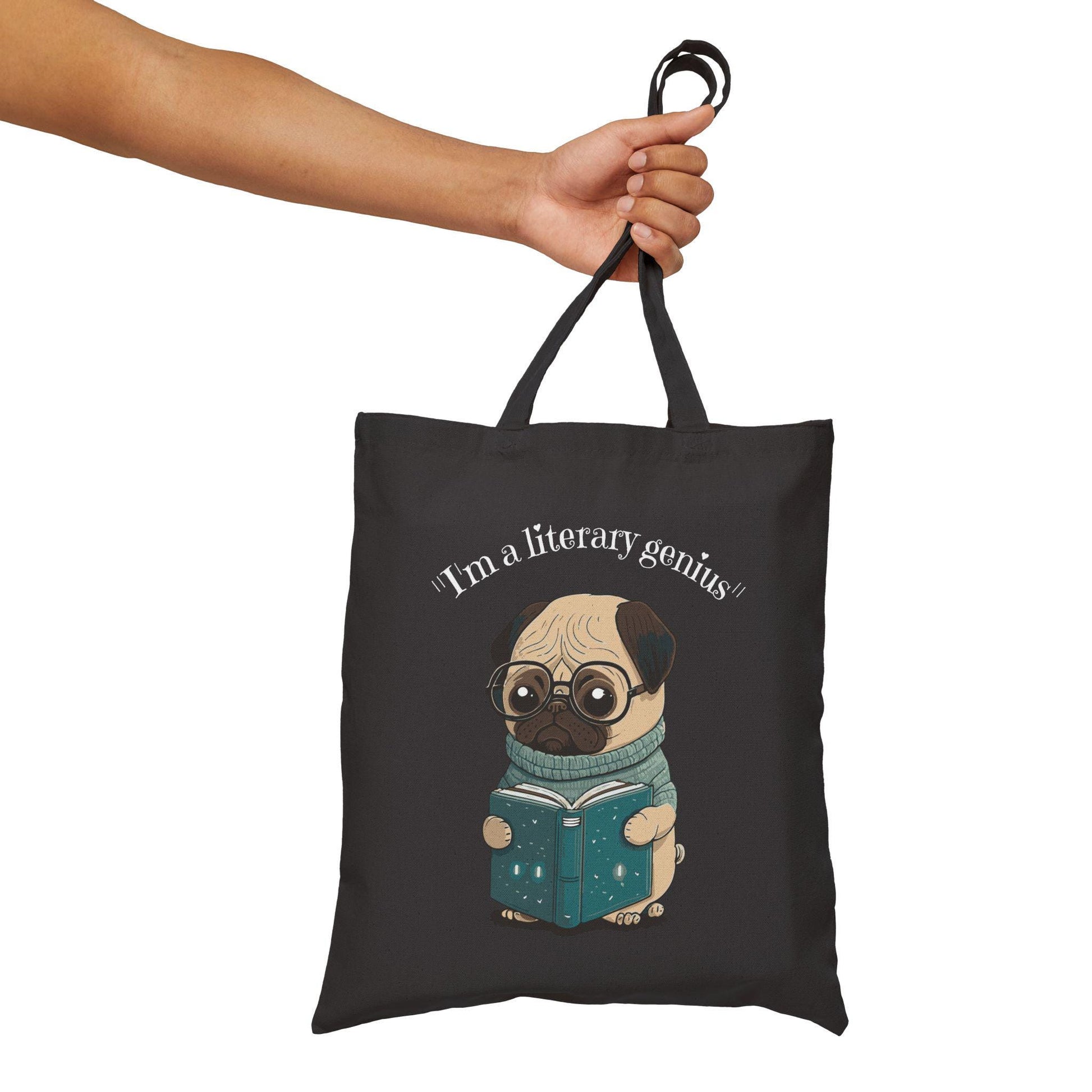 Pug Tote Bag, Book Lover Gift, Literary Genius, Dog Mom, Cute Canvas Bag, Reusable Shopping Bag
