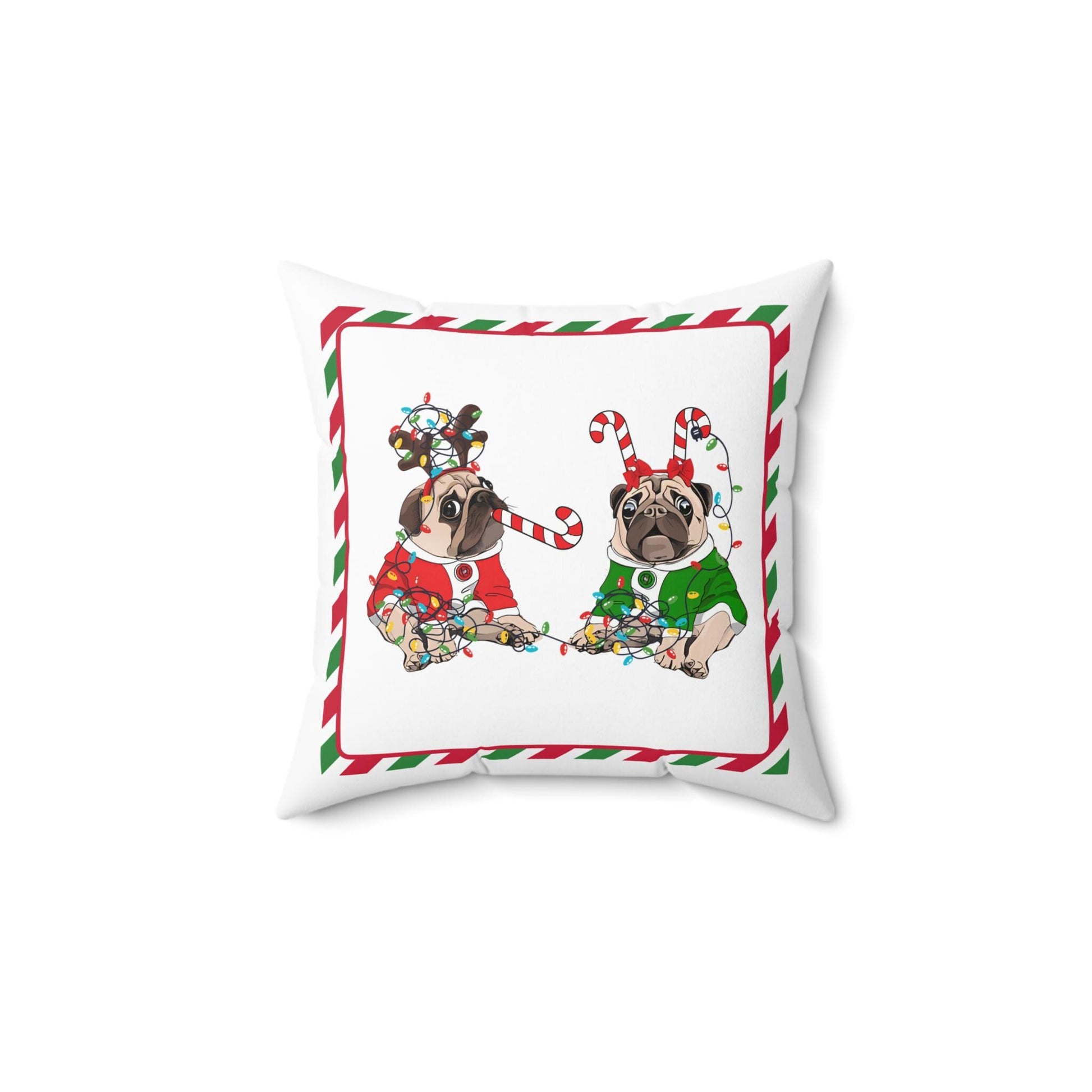 Christmas Pug Pillow, Festive Holiday Decor, Xmas Cushion, Cute Dog Throw Pillow, Christmas Lights Decorative Pillow, Spun Polyester Square