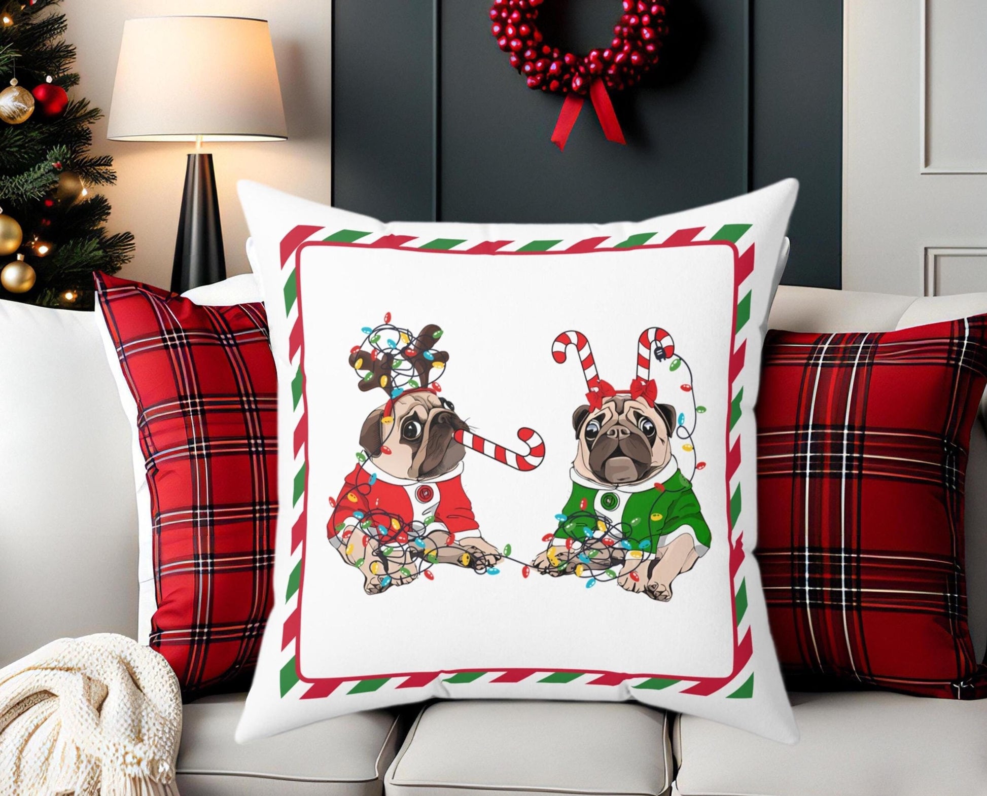 Christmas Pug Pillow, Festive Holiday Decor, Xmas Cushion, Cute Dog Throw Pillow, Christmas Lights Decorative Pillow, Spun Polyester Square