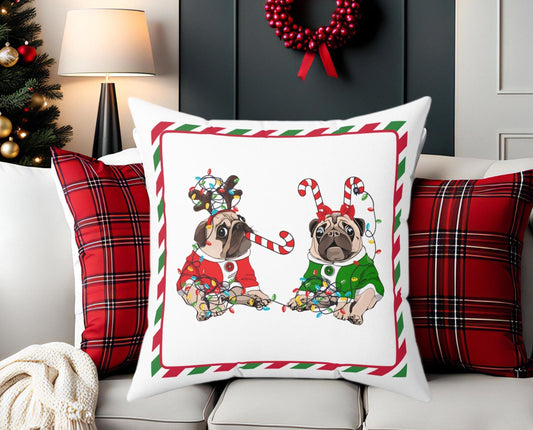Christmas Pug Pillow, Festive Holiday Decor, Xmas Cushion, Cute Dog Throw Pillow, Christmas Lights Decorative Pillow, Spun Polyester Square