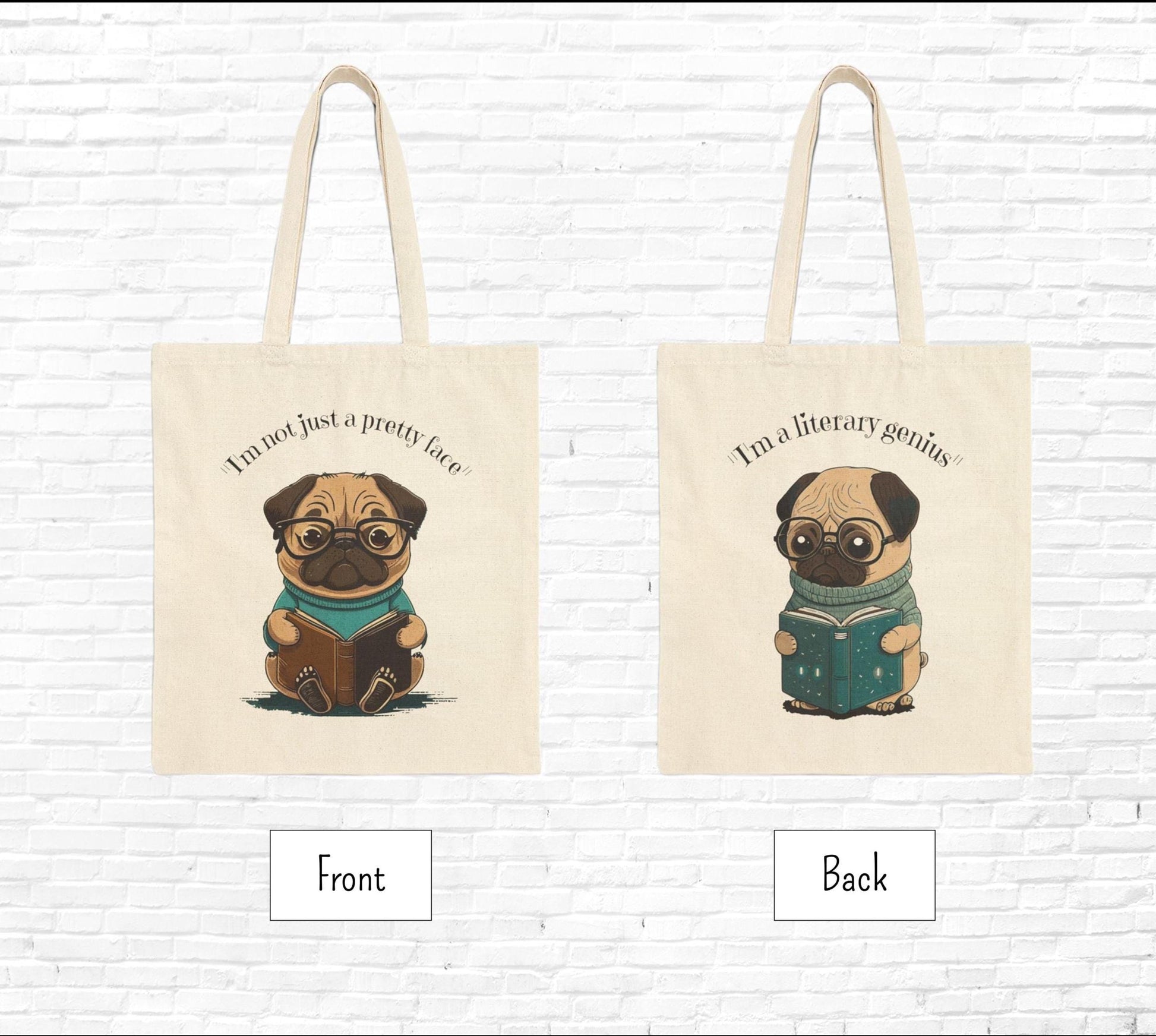 Pug Tote Bag, Book Lover Gift, Literary Genius, Dog Mom, Cute Canvas Bag, Reusable Shopping Bag