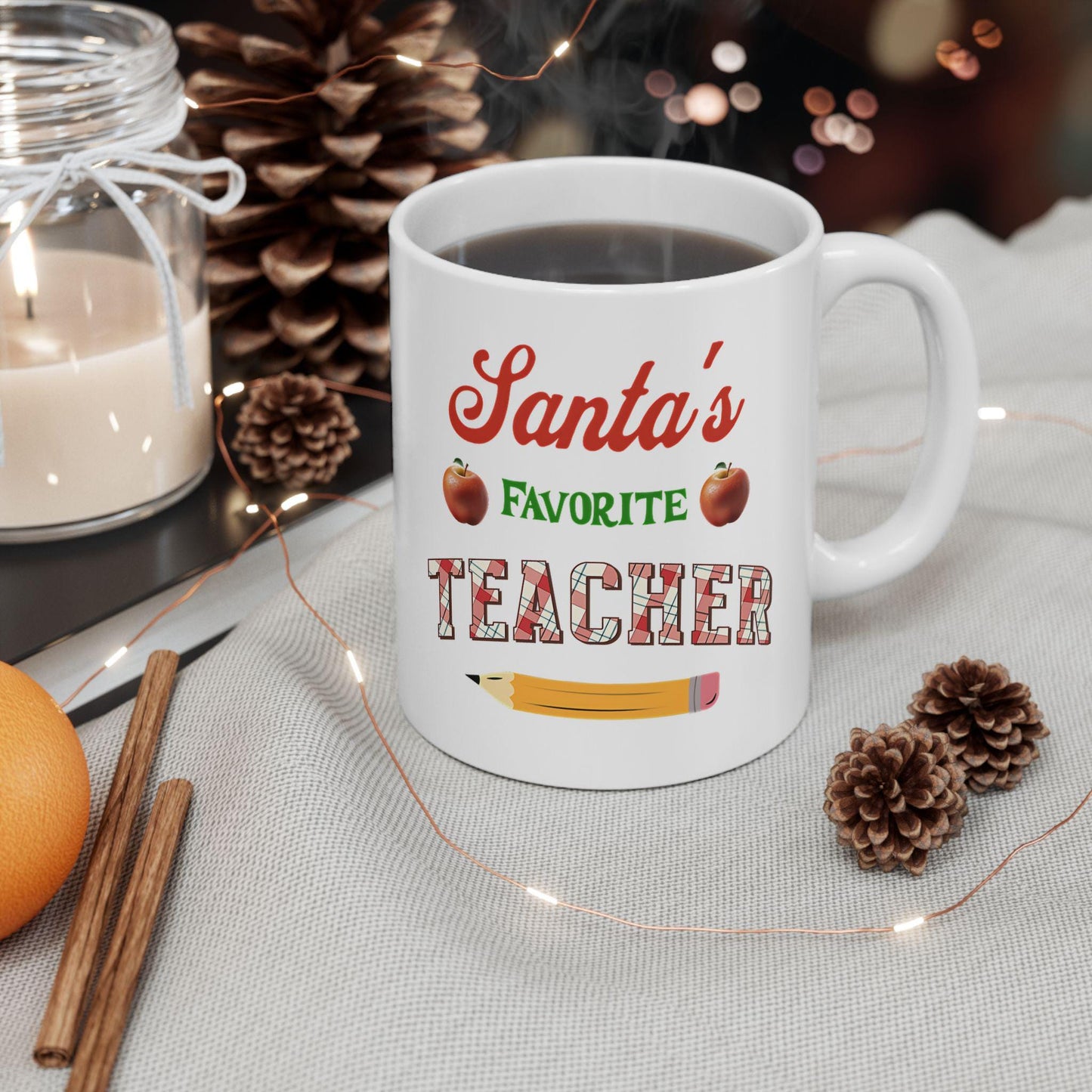 Santa's Favorite Teacher Ceramic Mug, Christmas Gift for Teacher, Holiday Coffee Cup, Teacher Appreciation Gift, Festive Tea Mug, Funny