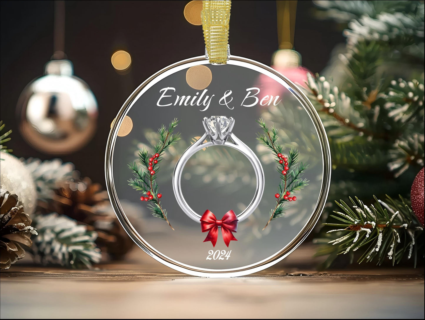 Personalized Newly Engaged Glass Christmas Ornament, First Christmas Engaged Gift