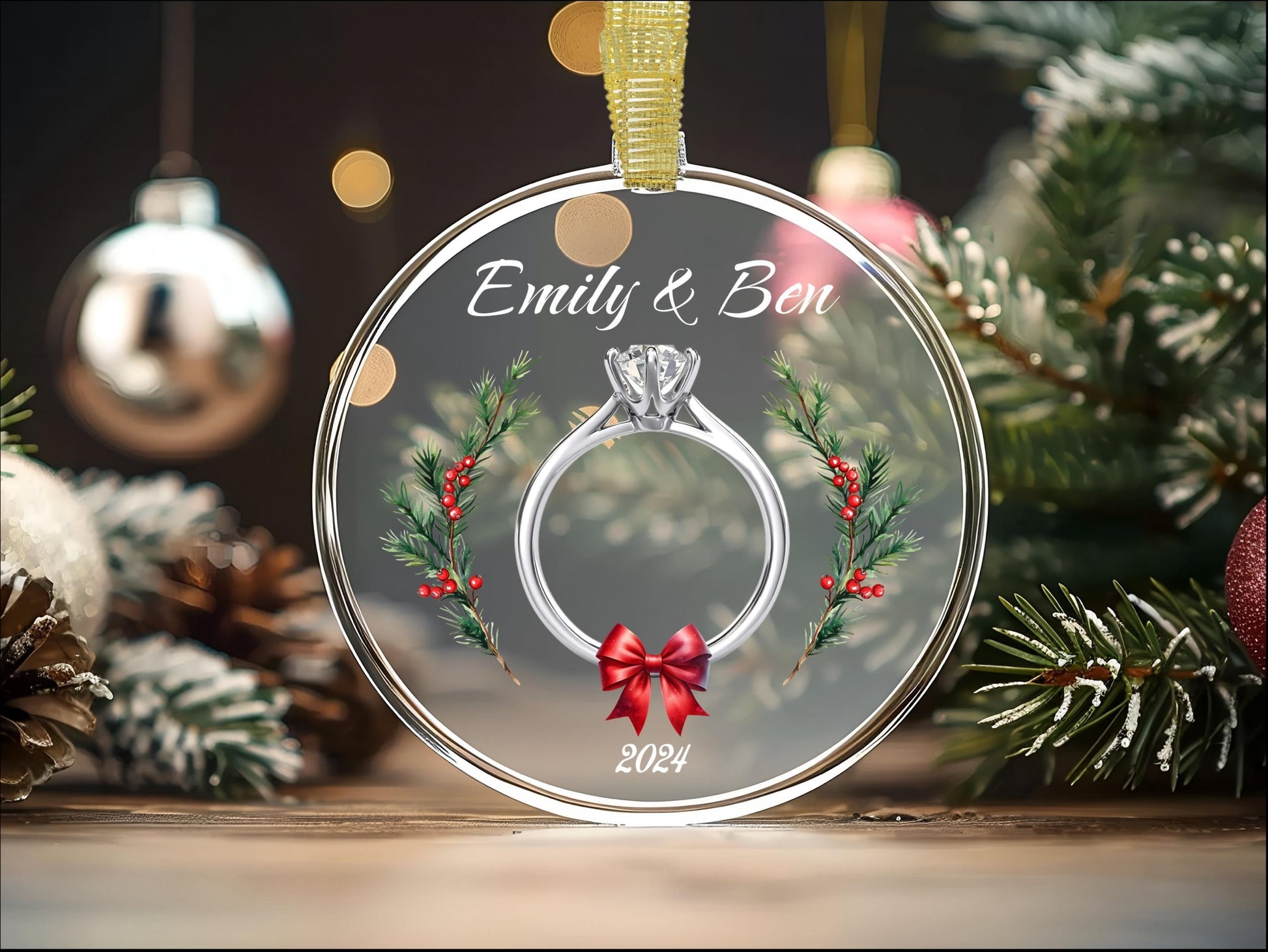 Personalized Newly Engaged Glass Christmas Ornament, First Christmas Engaged Gift