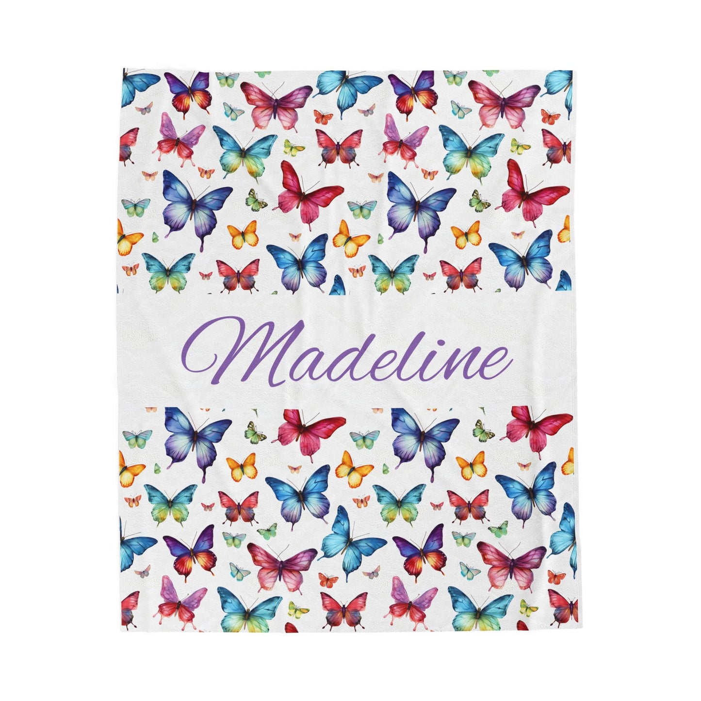 Plush Blanket with Personalized Butterfly Collage - Young Girl Gift, Name Customization, Rainbow Colors, Text Color Options, Velveteen