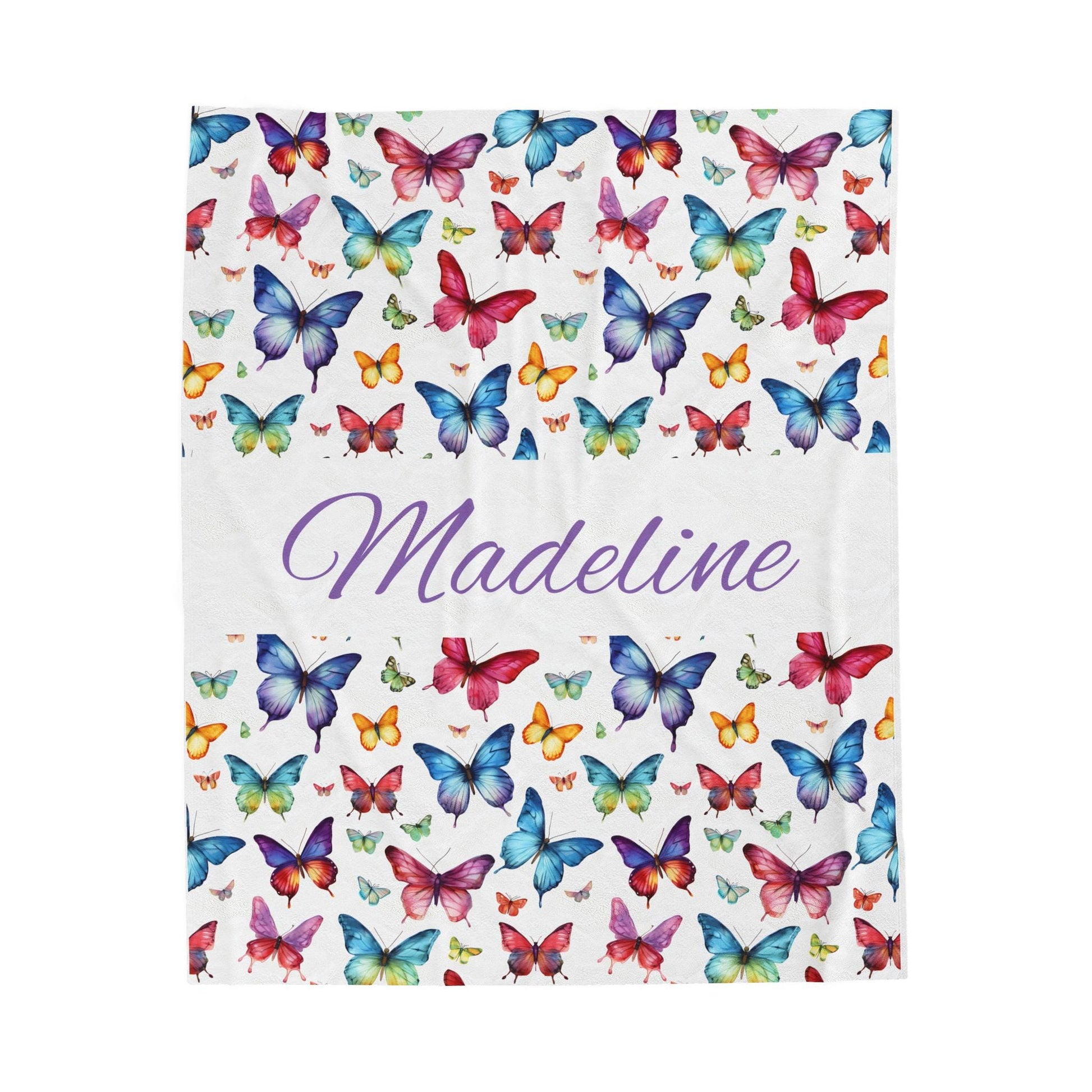 Plush Blanket with Personalized Butterfly Collage - Young Girl Gift, Name Customization, Rainbow Colors, Text Color Options, Velveteen