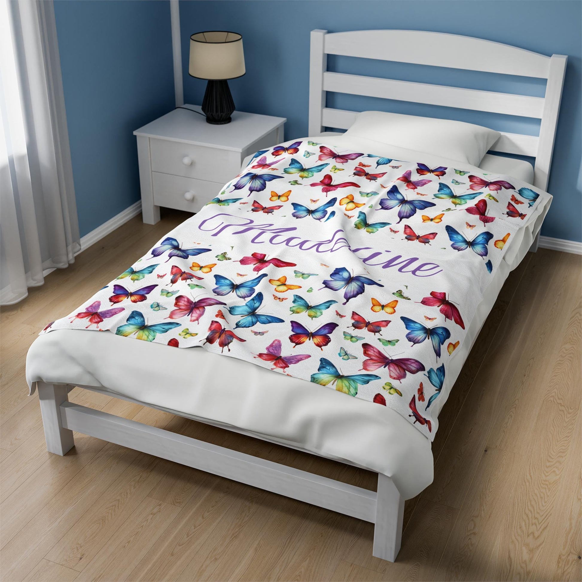 Plush Blanket with Personalized Butterfly Collage - Young Girl Gift, Name Customization, Rainbow Colors, Text Color Options, Velveteen