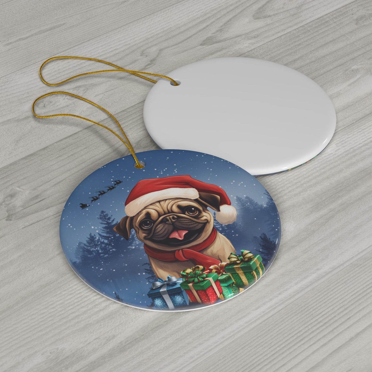 Pug Ceramic Christmas Ornament - Santa's Sleigh