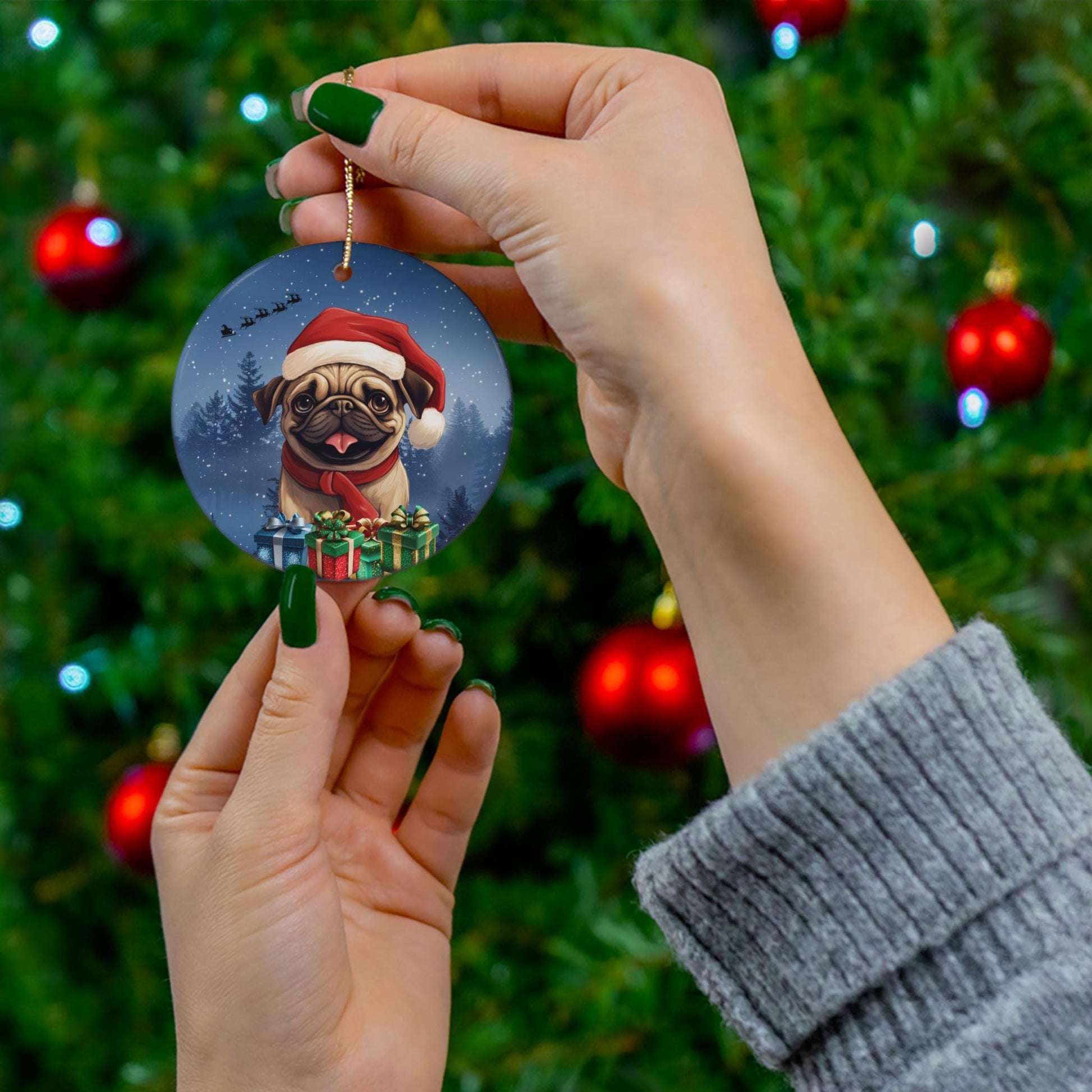 Pug Ceramic Christmas Ornament - Santa's Sleigh