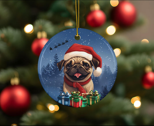 Pug Ceramic Christmas Ornament - Santa's Sleigh
