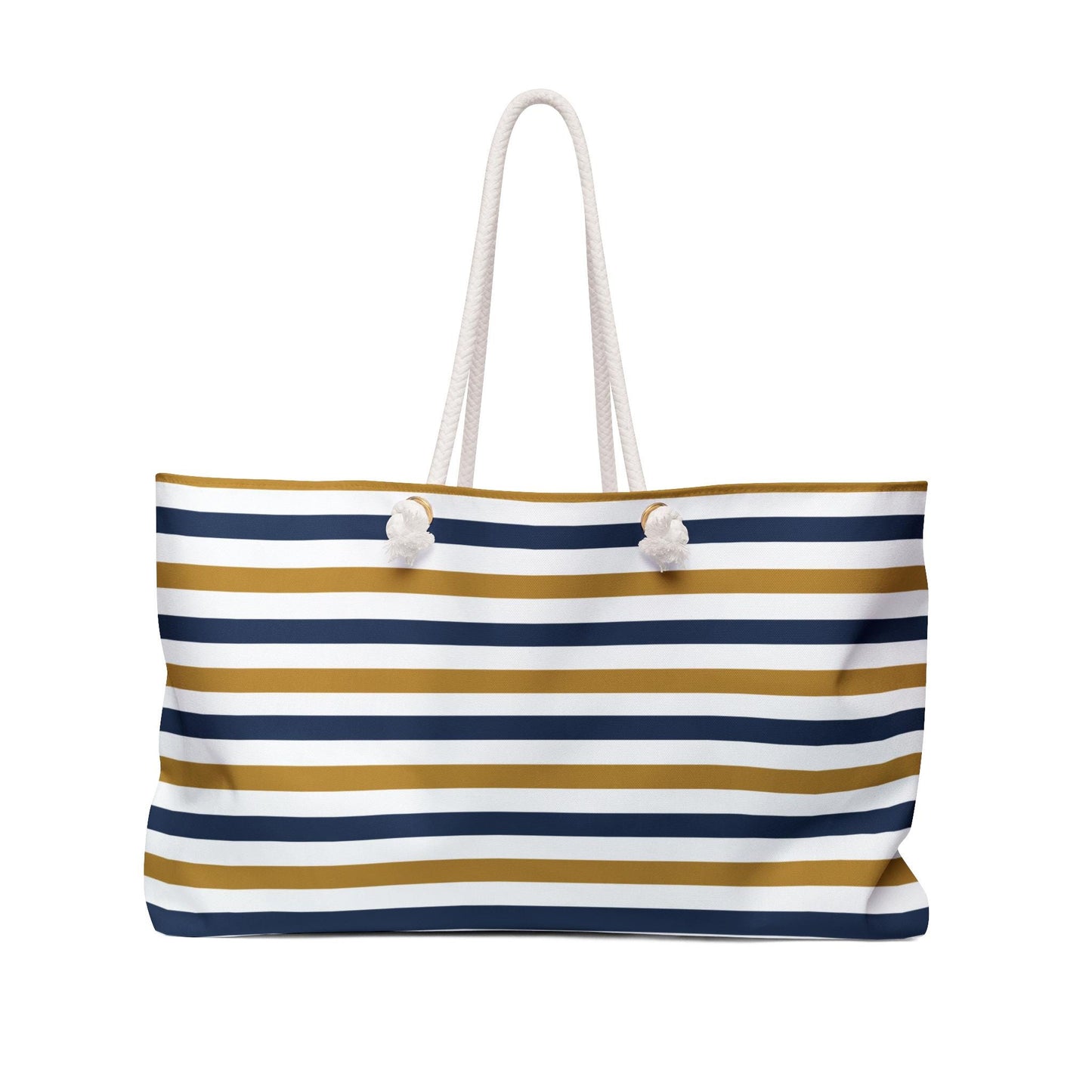 Nautical Striped Weekender Bag, Beach Tote, Navy and Gold Travel Bag, Oversized Carryall, Summer Vacation Duffle, Rope Handle Overnight Bag