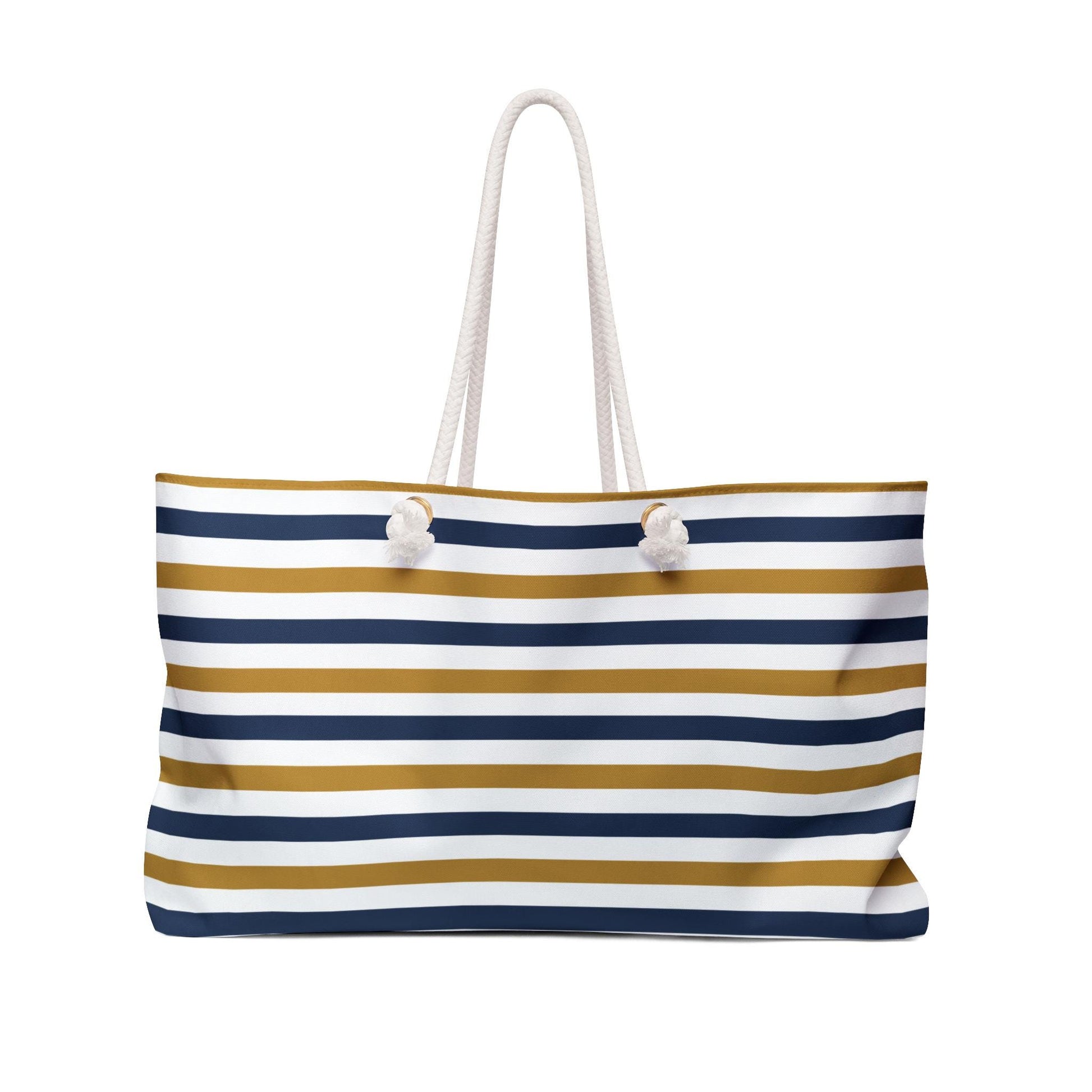 Nautical Striped Weekender Bag, Beach Tote, Navy and Gold Travel Bag, Oversized Carryall, Summer Vacation Duffle, Rope Handle Overnight Bag