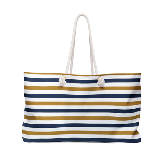Nautical Striped Weekender Bag, Beach Tote, Navy and Gold Travel Bag, Oversized Carryall, Summer Vacation Duffle, Rope Handle Overnight Bag