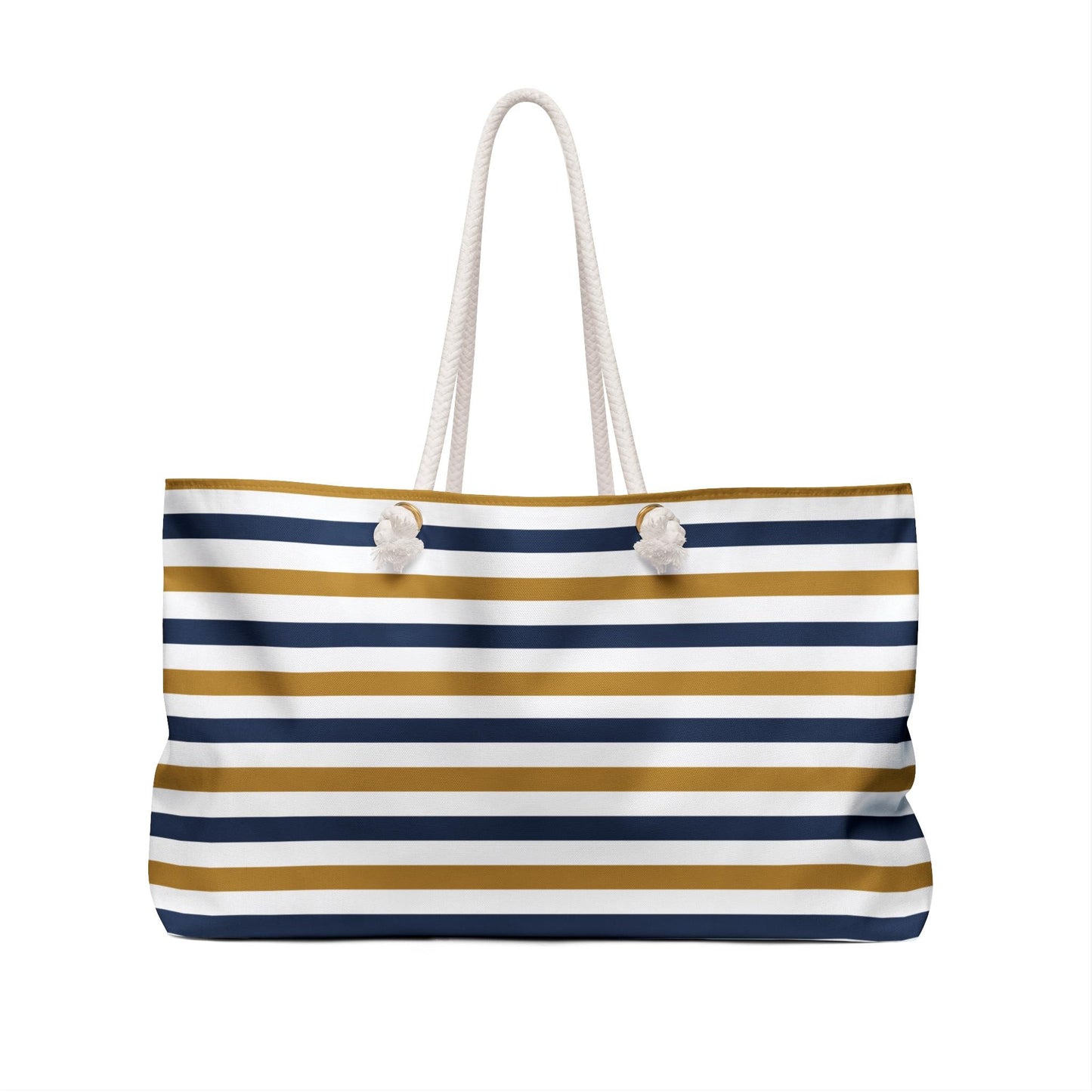 Nautical Striped Weekender Bag, Beach Tote, Navy and Gold Travel Bag, Oversized Carryall, Summer Vacation Duffle, Rope Handle Overnight Bag