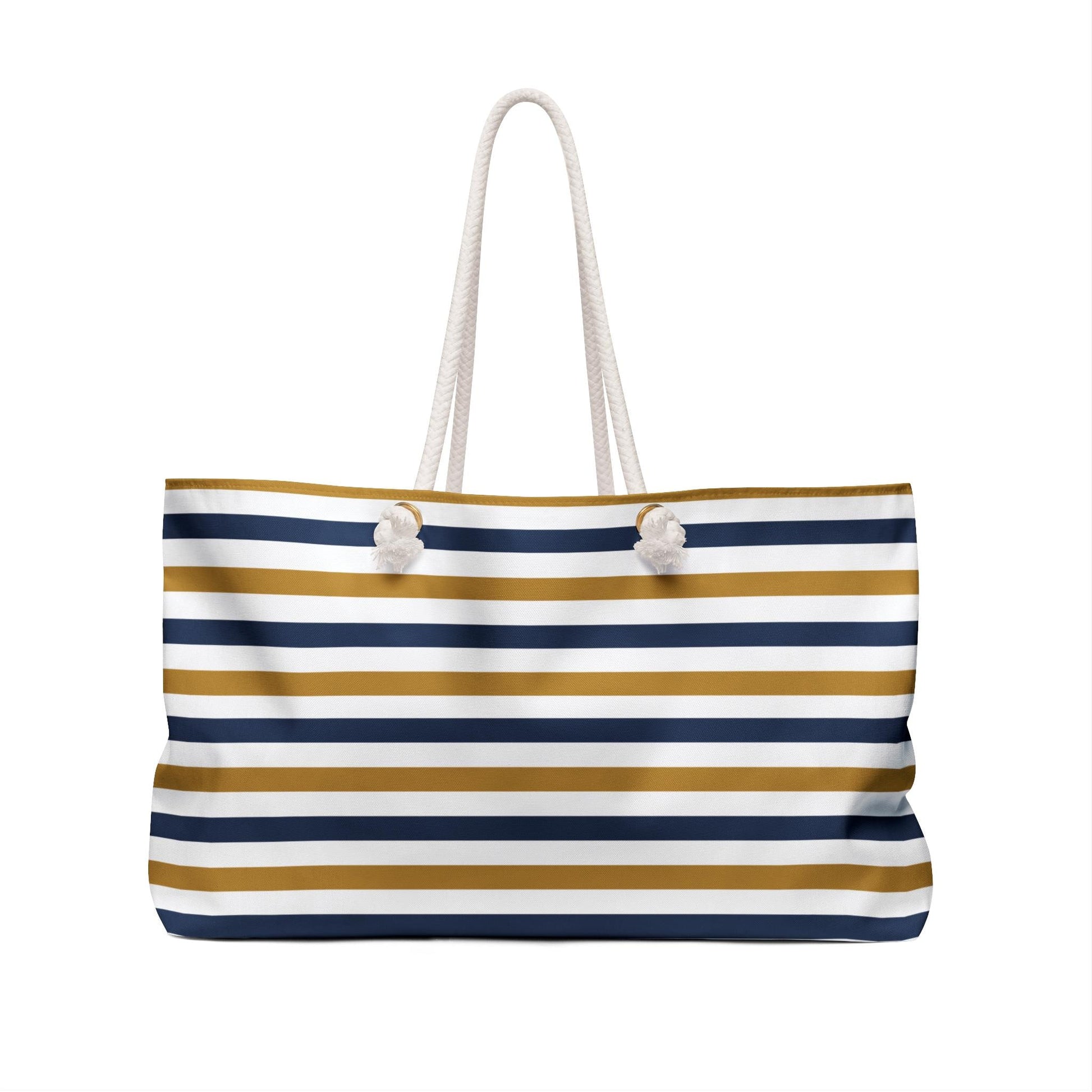 Nautical Striped Weekender Bag, Beach Tote, Navy and Gold Travel Bag, Oversized Carryall, Summer Vacation Duffle, Rope Handle Overnight Bag
