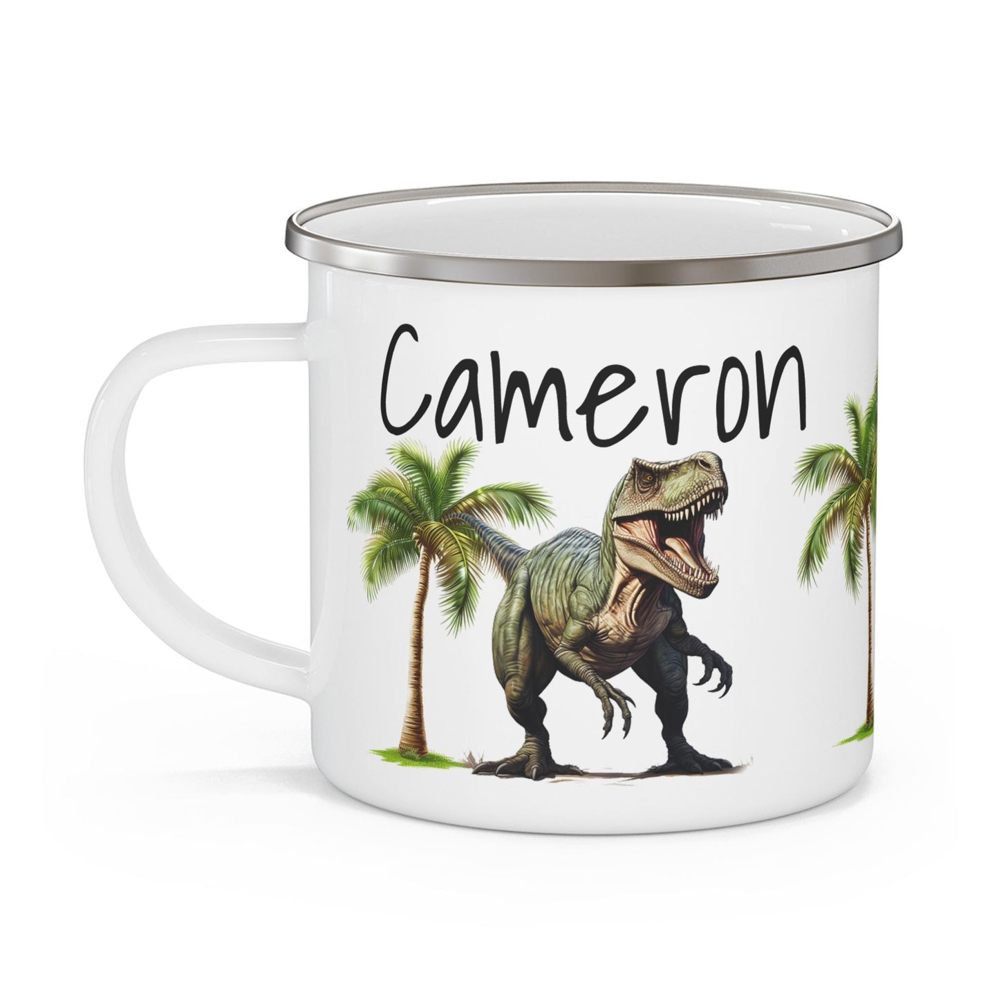 Custom Dinosaur Enamel Camping Mug for Kids, Personalized Child's Name, Dinosaurs & Fonts, Gift for Dino Lover, Campfire Cup, Outdoor