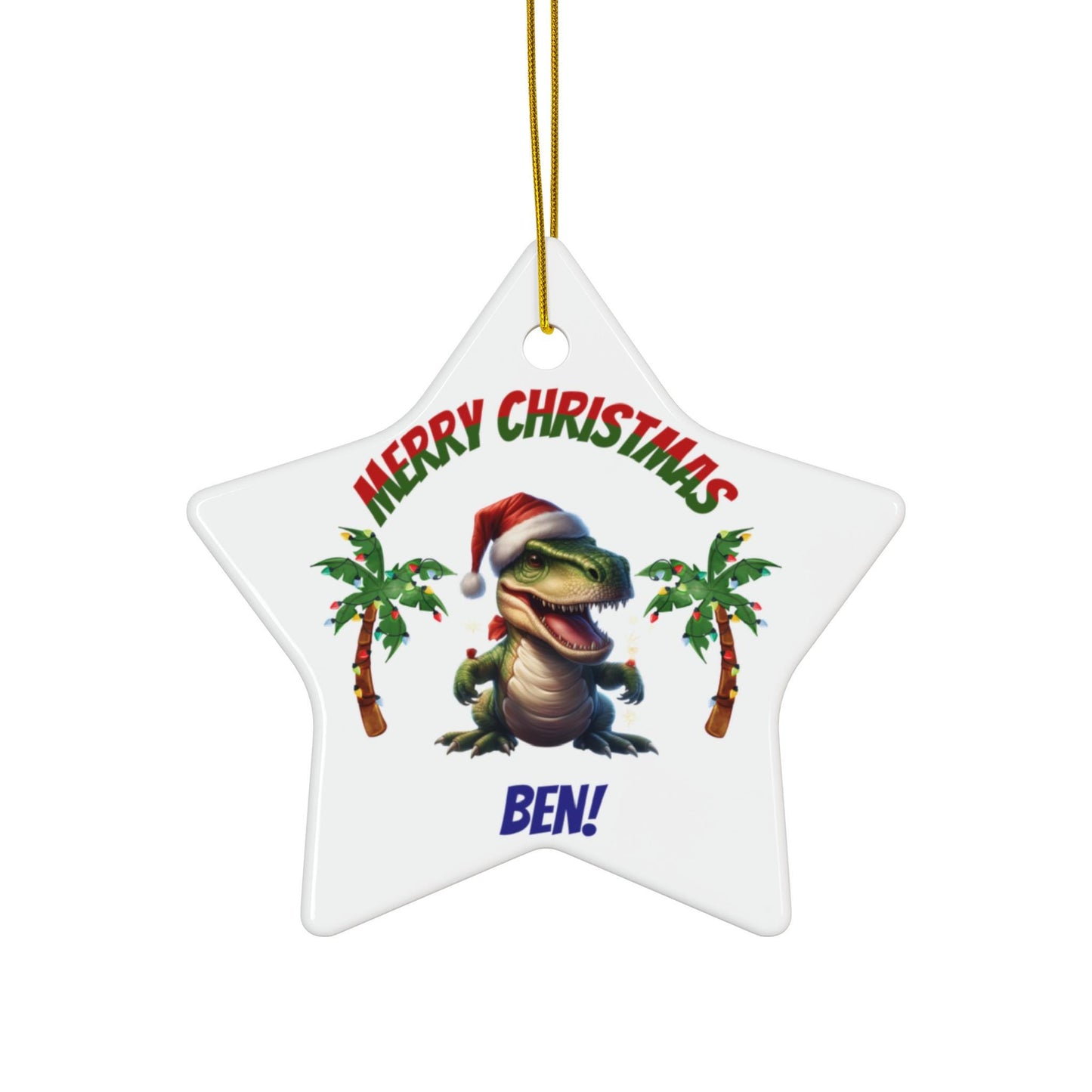 Dinosaur Christmas Ornament, T-Rex Santa Hat, Personalized Kids Holiday Decor, Ceramic Bauble Gift, Children Christmas Tree Decoration