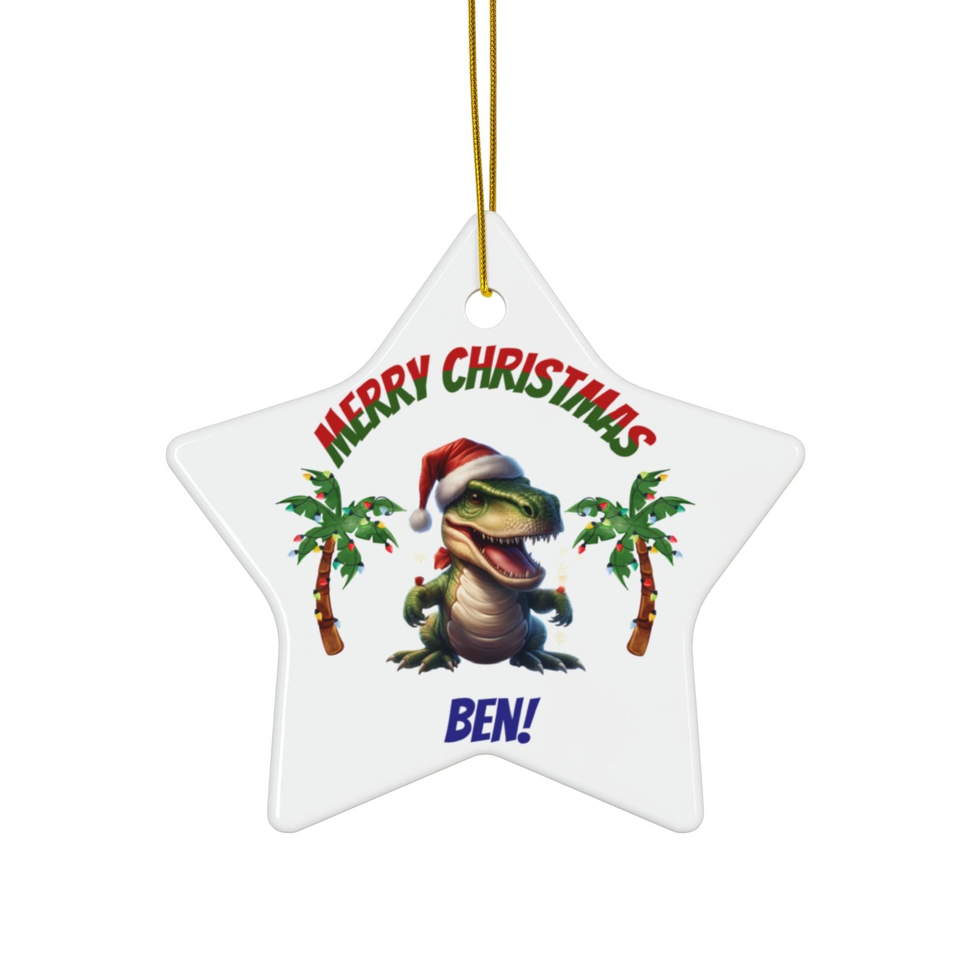 Dinosaur Christmas Ornament, T-Rex Santa Hat, Personalized Kids Holiday Decor, Ceramic Bauble Gift, Children Christmas Tree Decoration