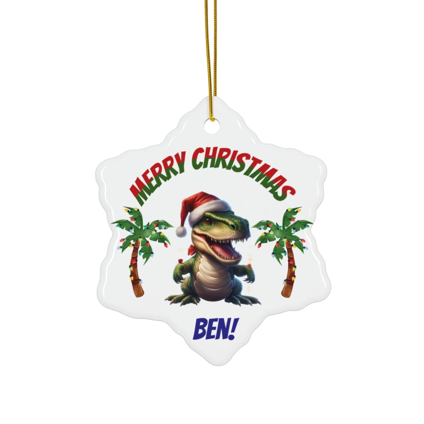 Dinosaur Christmas Ornament, T-Rex Santa Hat, Personalized Kids Holiday Decor, Ceramic Bauble Gift, Children Christmas Tree Decoration
